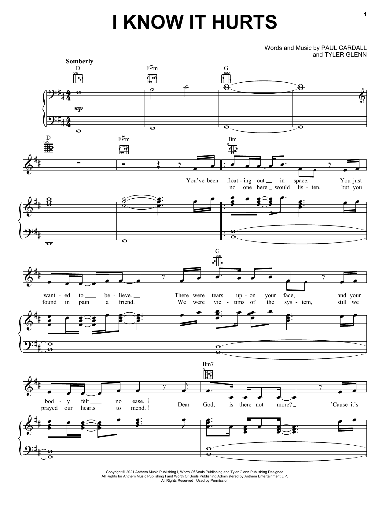 Paul Cardall and Tyler Glenn I Know It Hurts Sheet Music Notes & Chords for Piano, Vocal & Guitar (Right-Hand Melody) - Download or Print PDF
