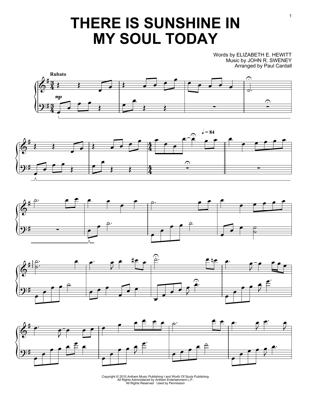 Paul Cardall There Is Sunshine In My Soul Today Sheet Music Notes & Chords for Piano Solo - Download or Print PDF