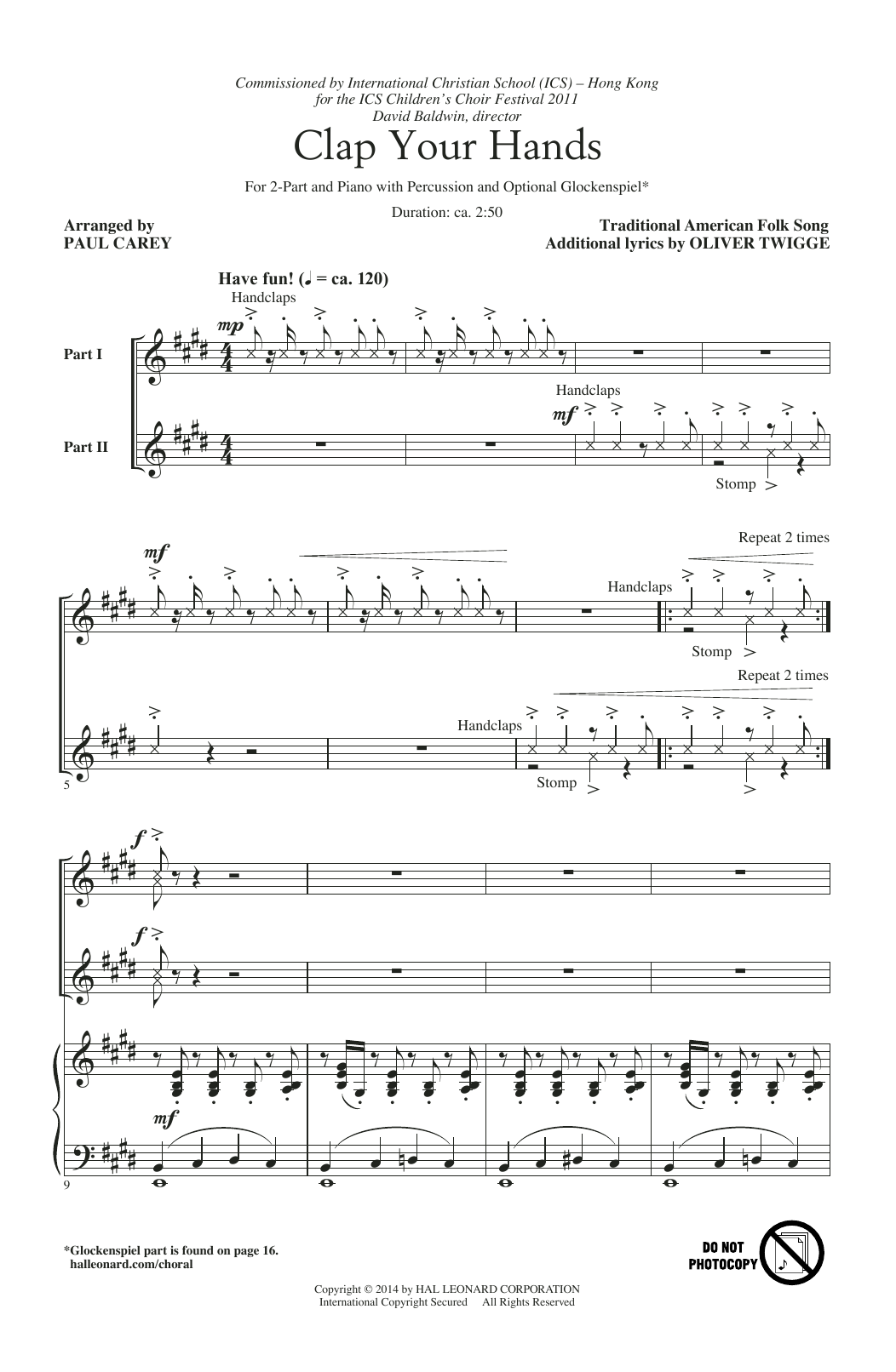 Paul Carey Clap Your Hands Sheet Music Notes & Chords for 2-Part Choir - Download or Print PDF