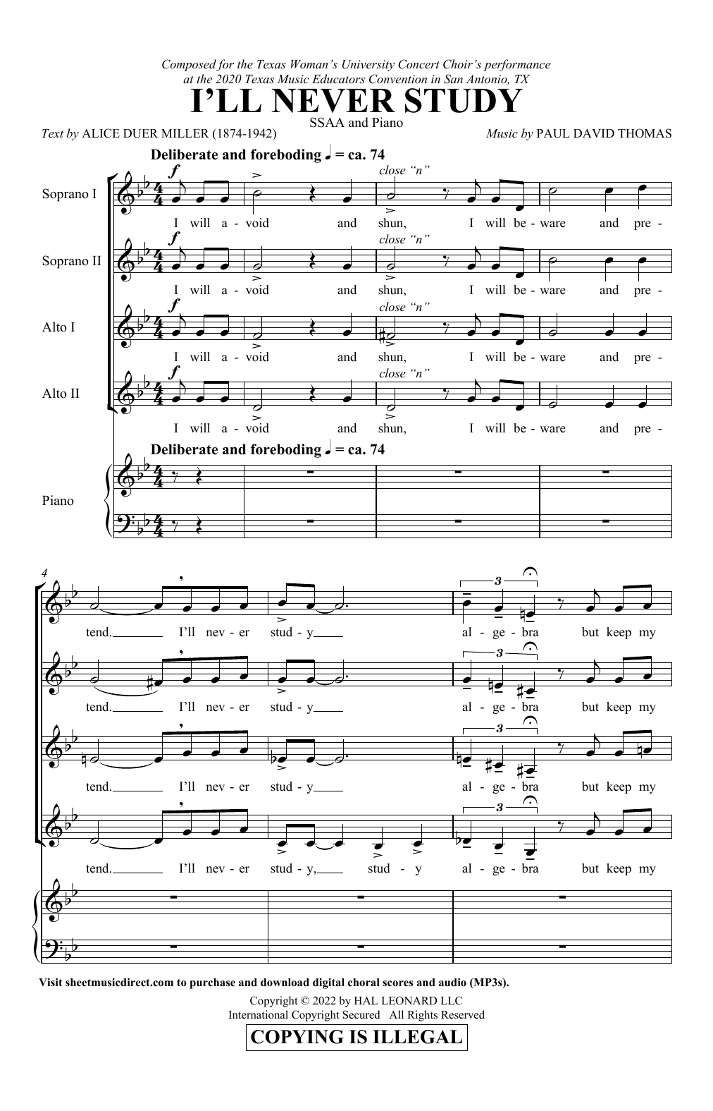 Paul David Thomas I'll Never Study Sheet Music Notes & Chords for SSA Choir - Download or Print PDF