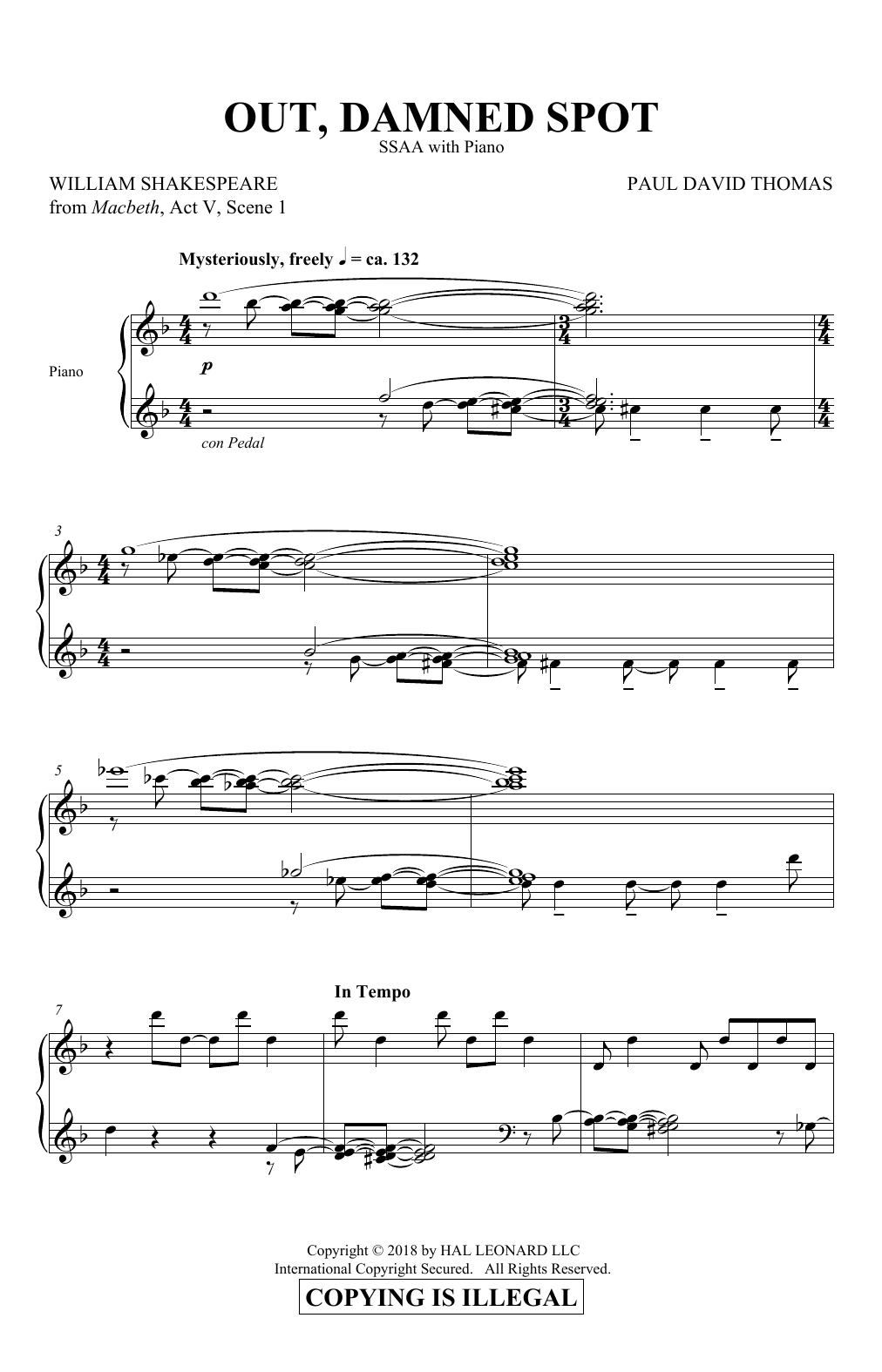 Paul David Thomas Out Damned Spot Sheet Music Notes & Chords for SSA Choir - Download or Print PDF