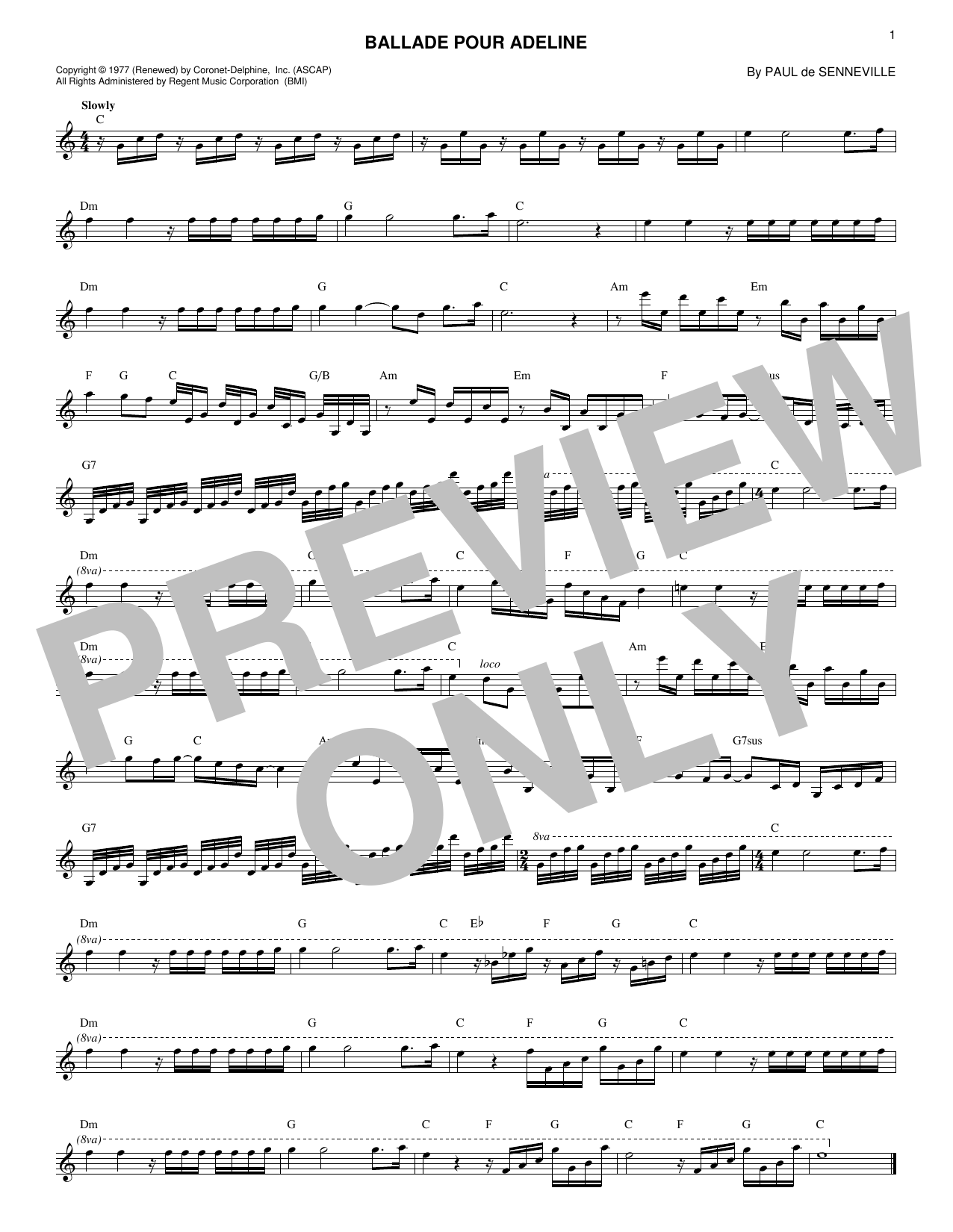 Paul de Senneville Ballade Pour Adeline Sheet Music Notes & Chords for Melody Line, Lyrics & Chords - Download or Print PDF