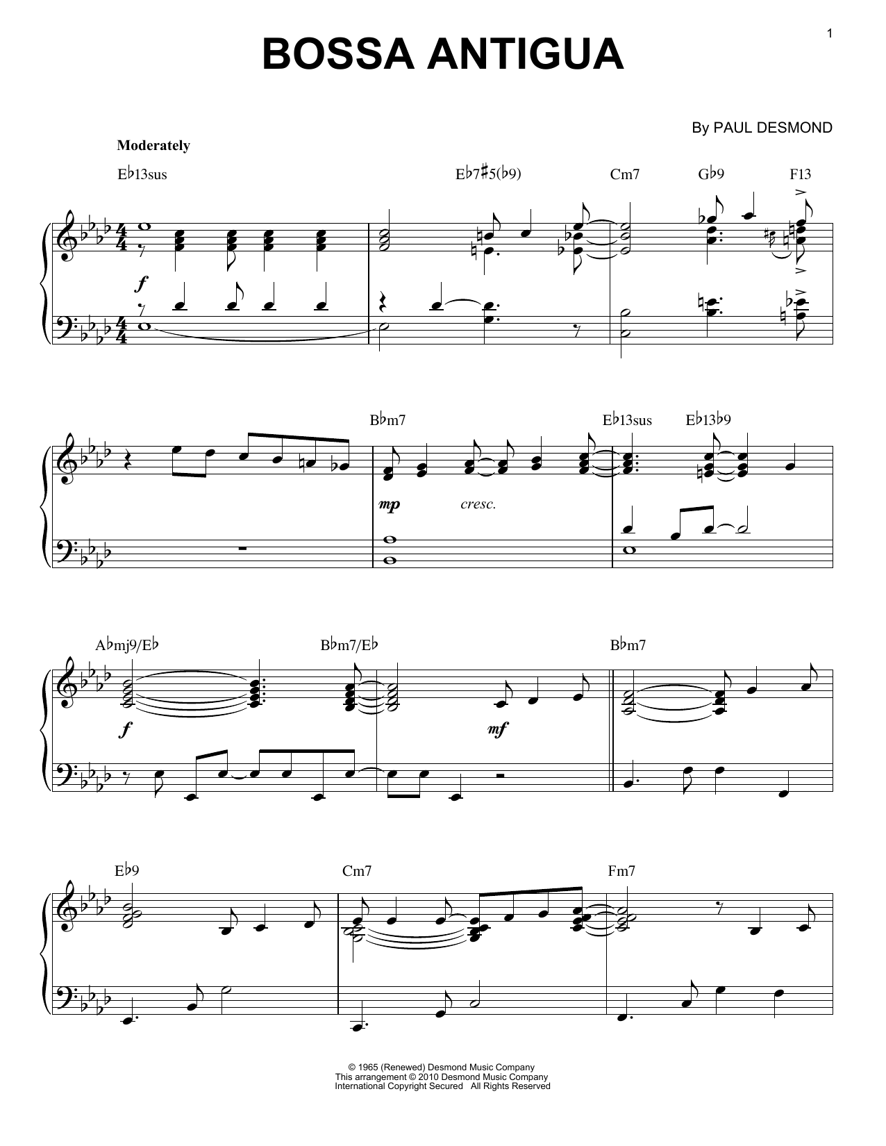 Paul Desmond Bossa Antigua [Jazz version] (arr. Brent Edstrom) Sheet Music Notes & Chords for Piano Solo - Download or Print PDF