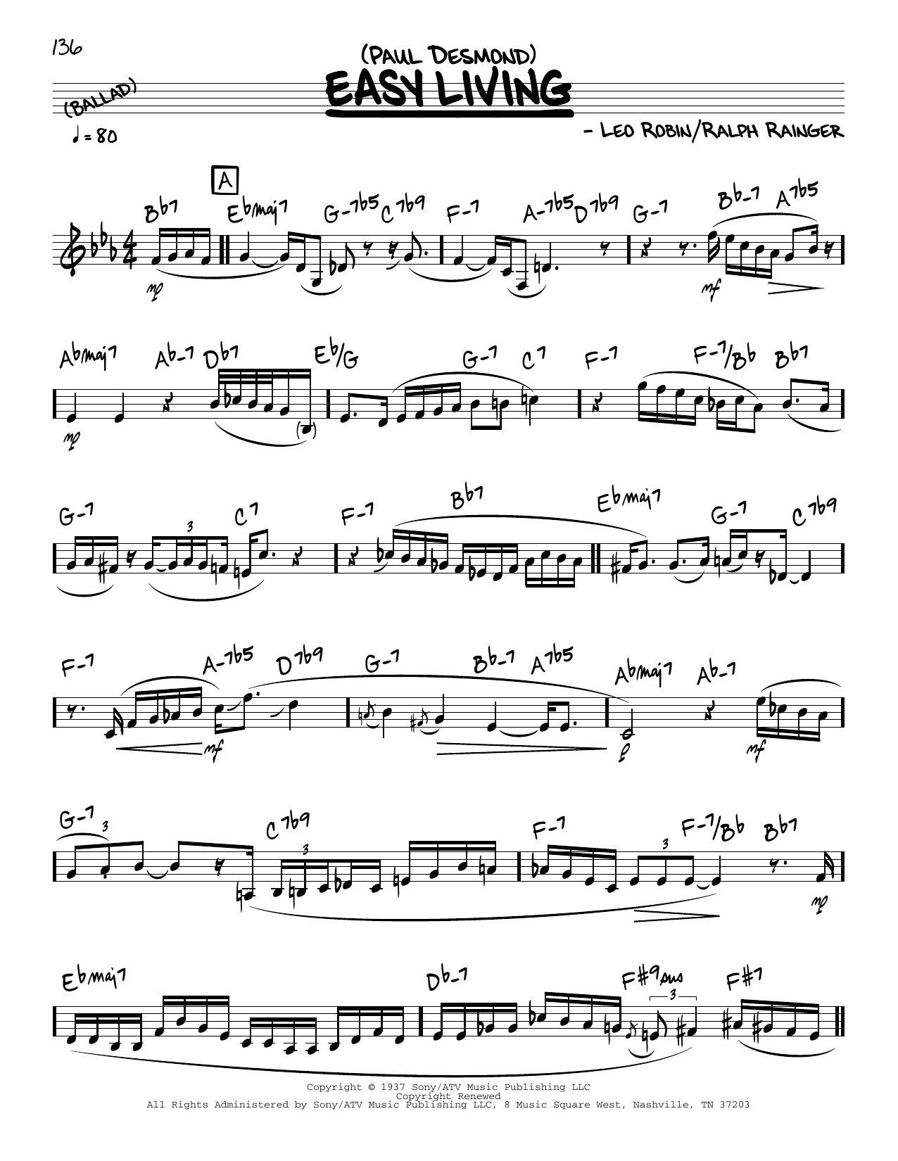 Paul Desmond Easy Living (solo only) Sheet Music Notes & Chords for Real Book – Melody & Chords - Download or Print PDF
