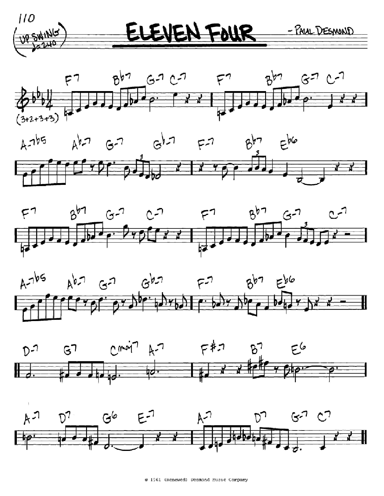 Paul Desmond Eleven Four Sheet Music Notes & Chords for Real Book – Melody & Chords - Download or Print PDF