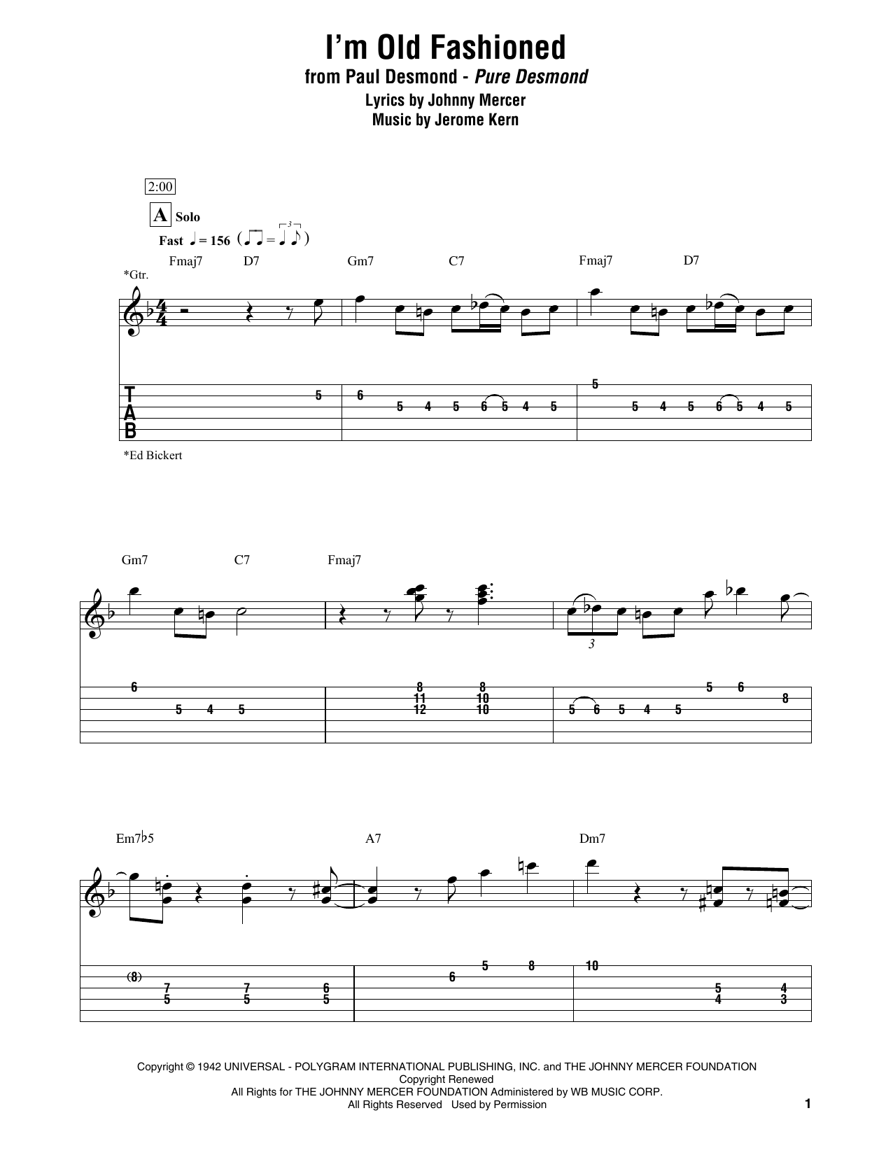Paul Desmond I'm Old Fashioned Sheet Music Notes & Chords for Electric Guitar Transcription - Download or Print PDF