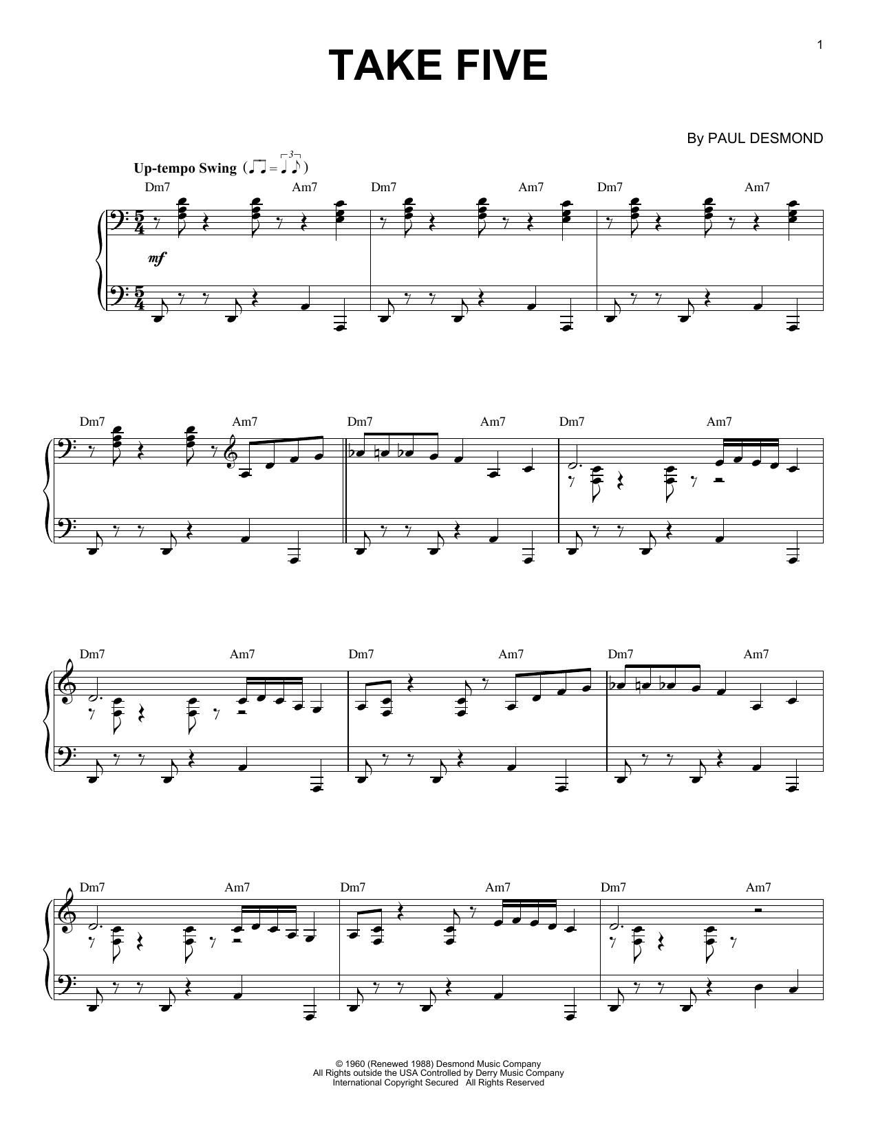 Paul Desmond Take Five (arr. Brent Edstrom) [Jazz version] Sheet Music Notes & Chords for Piano Solo - Download or Print PDF