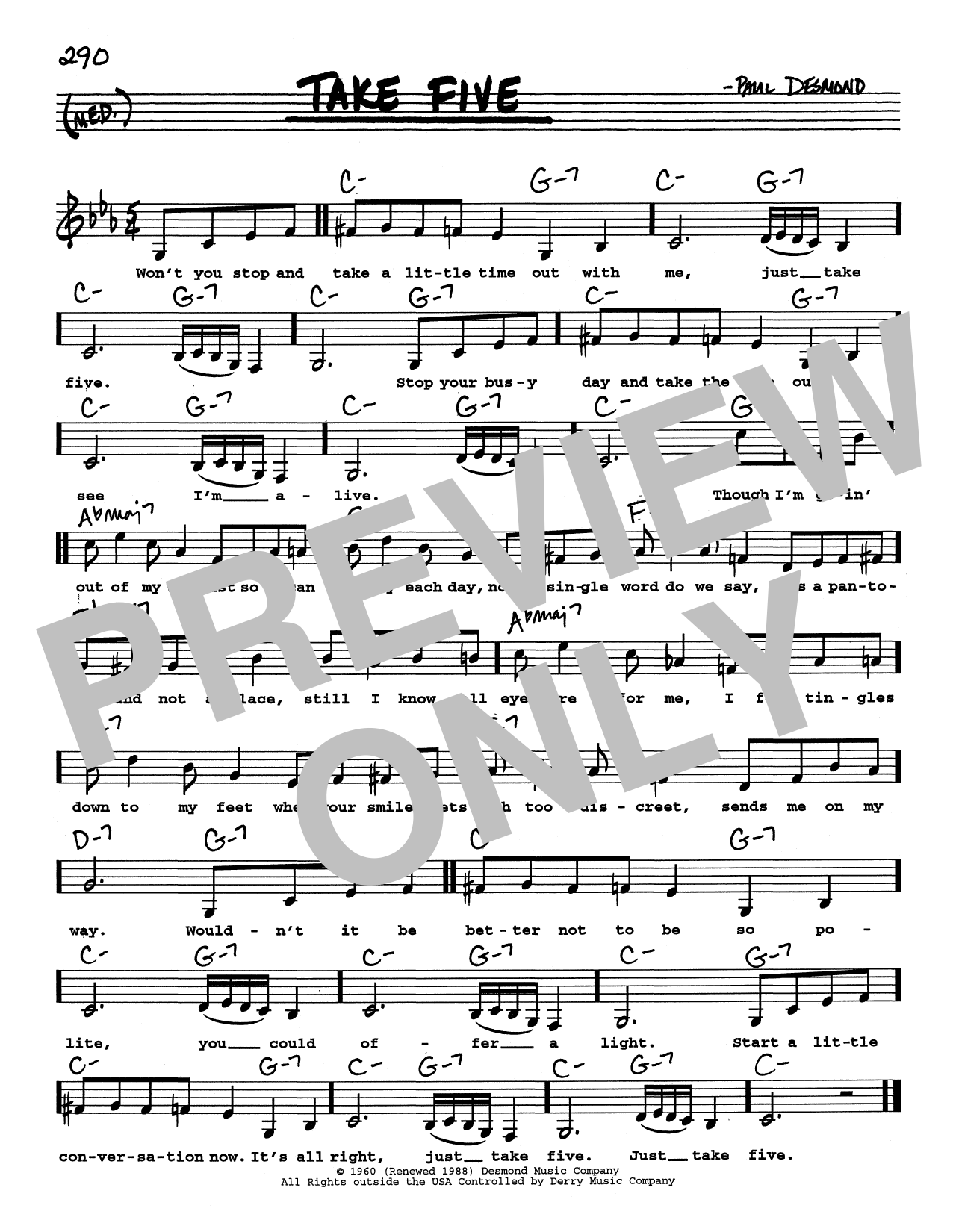 Paul Desmond Take Five (Low Voice) Sheet Music Notes & Chords for Real Book – Melody, Lyrics & Chords - Download or Print PDF
