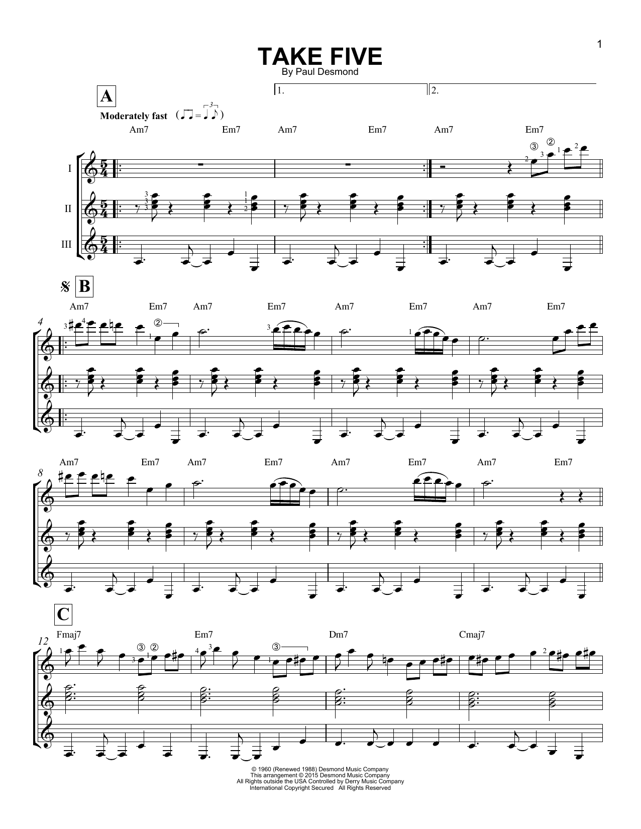 Paul Desmond Take Five Sheet Music Notes & Chords for Guitar Tab - Download or Print PDF