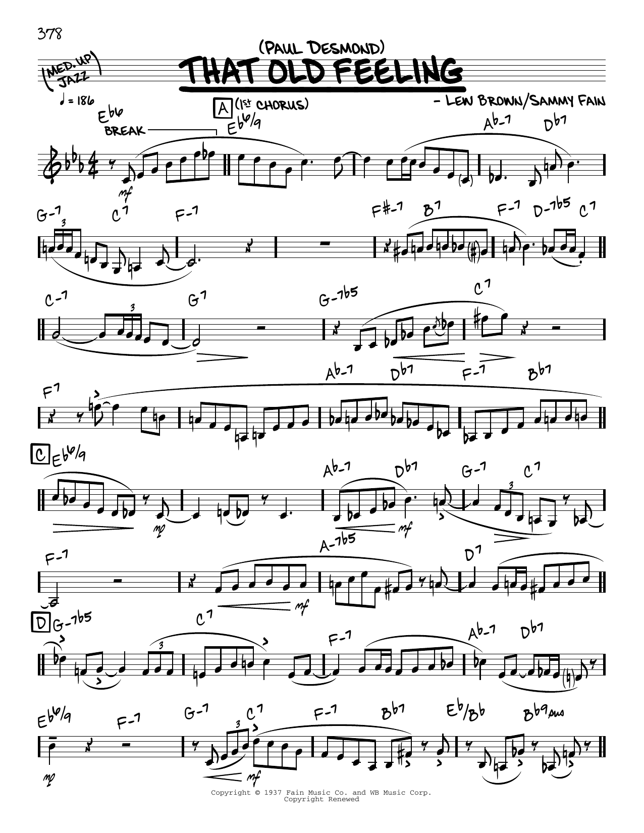 Paul Desmond That Old Feeling (solo only) Sheet Music Notes & Chords for Real Book – Melody & Chords - Download or Print PDF