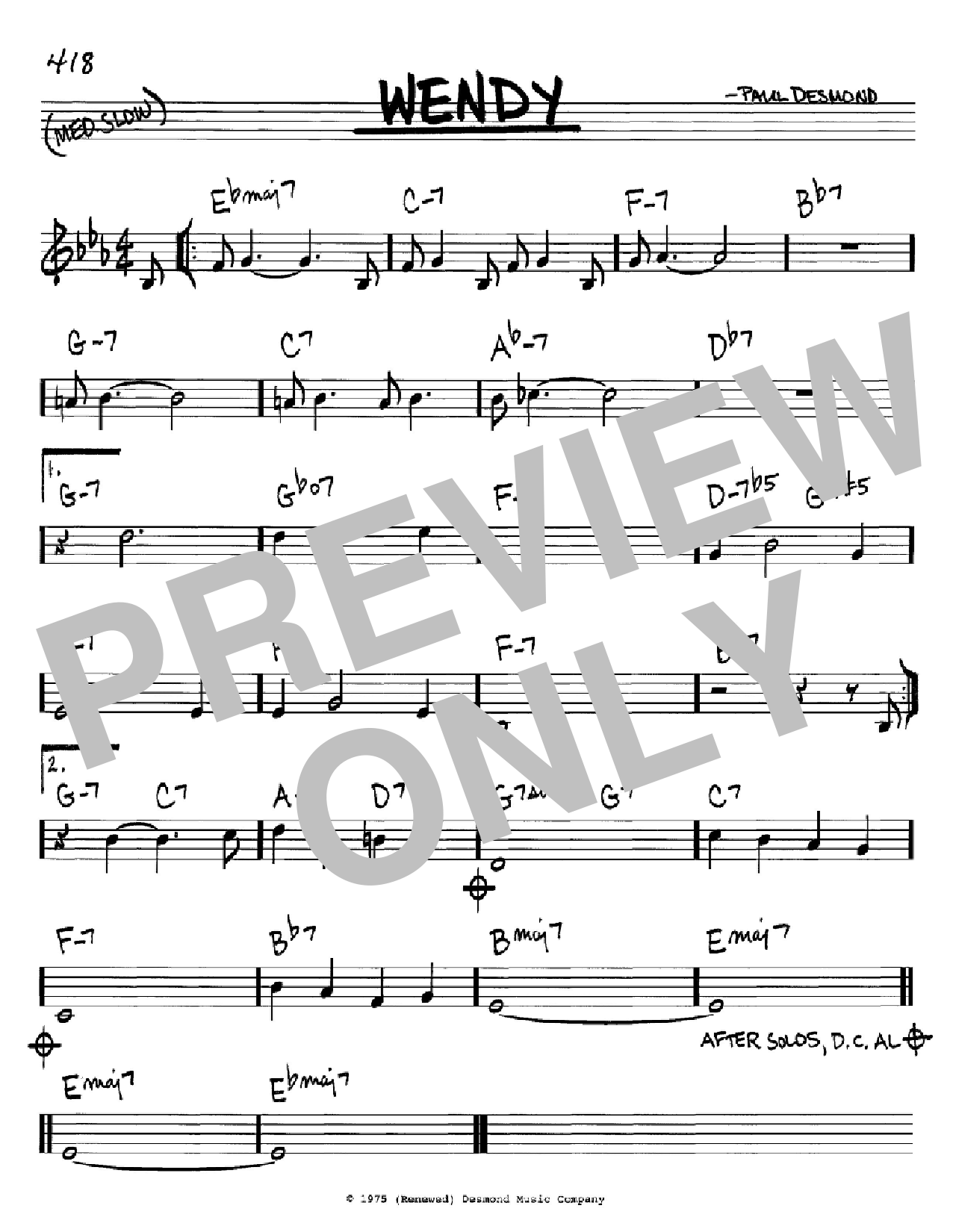 Paul Desmond Wendy Sheet Music Notes & Chords for Real Book – Melody & Chords - Download or Print PDF