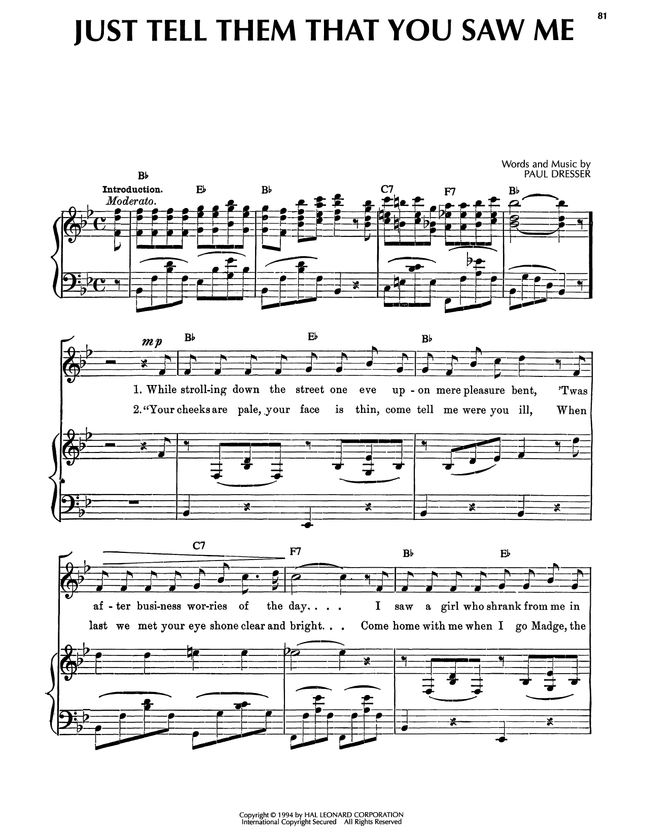 Paul Dresser Just Tell Them That You Saw Me Sheet Music Notes & Chords for Piano, Vocal & Guitar Chords (Right-Hand Melody) - Download or Print PDF