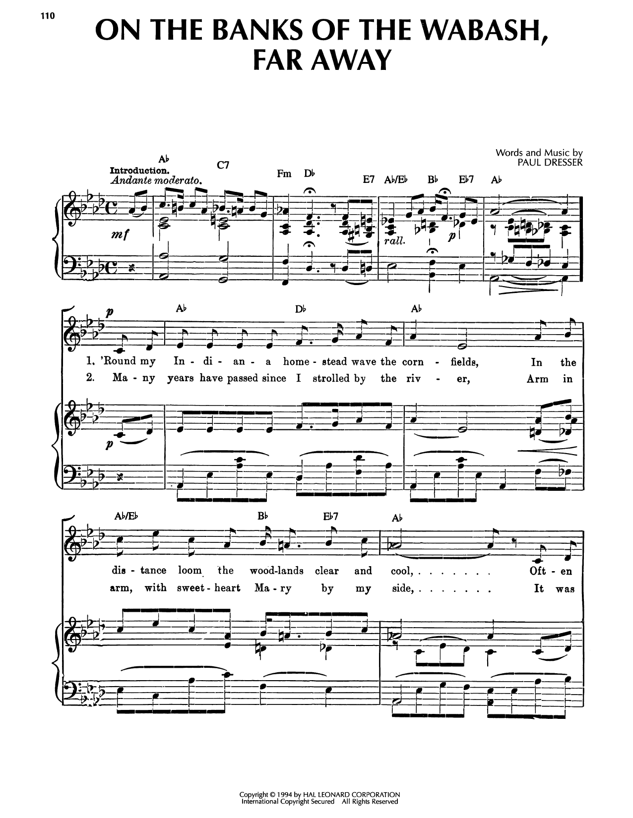 Paul Dresser On The Banks Of The Wabash, Far Away Sheet Music Notes & Chords for Piano, Vocal & Guitar Chords (Right-Hand Melody) - Download or Print PDF
