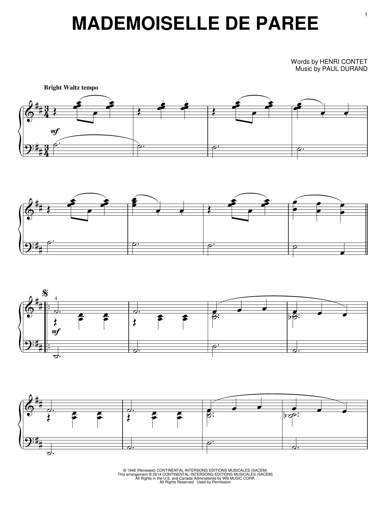 Paul Durand Mademoiselle De Paree Sheet Music Notes & Chords for Piano Solo - Download or Print PDF