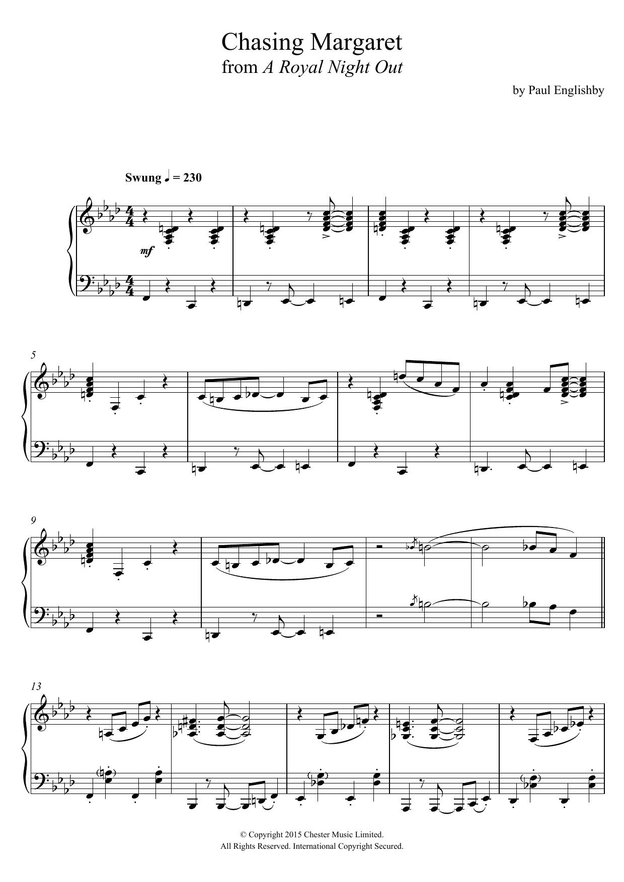 Paul Englishby Chasing Margaret (from 'A Royal Night Out') Sheet Music Notes & Chords for Piano - Download or Print PDF