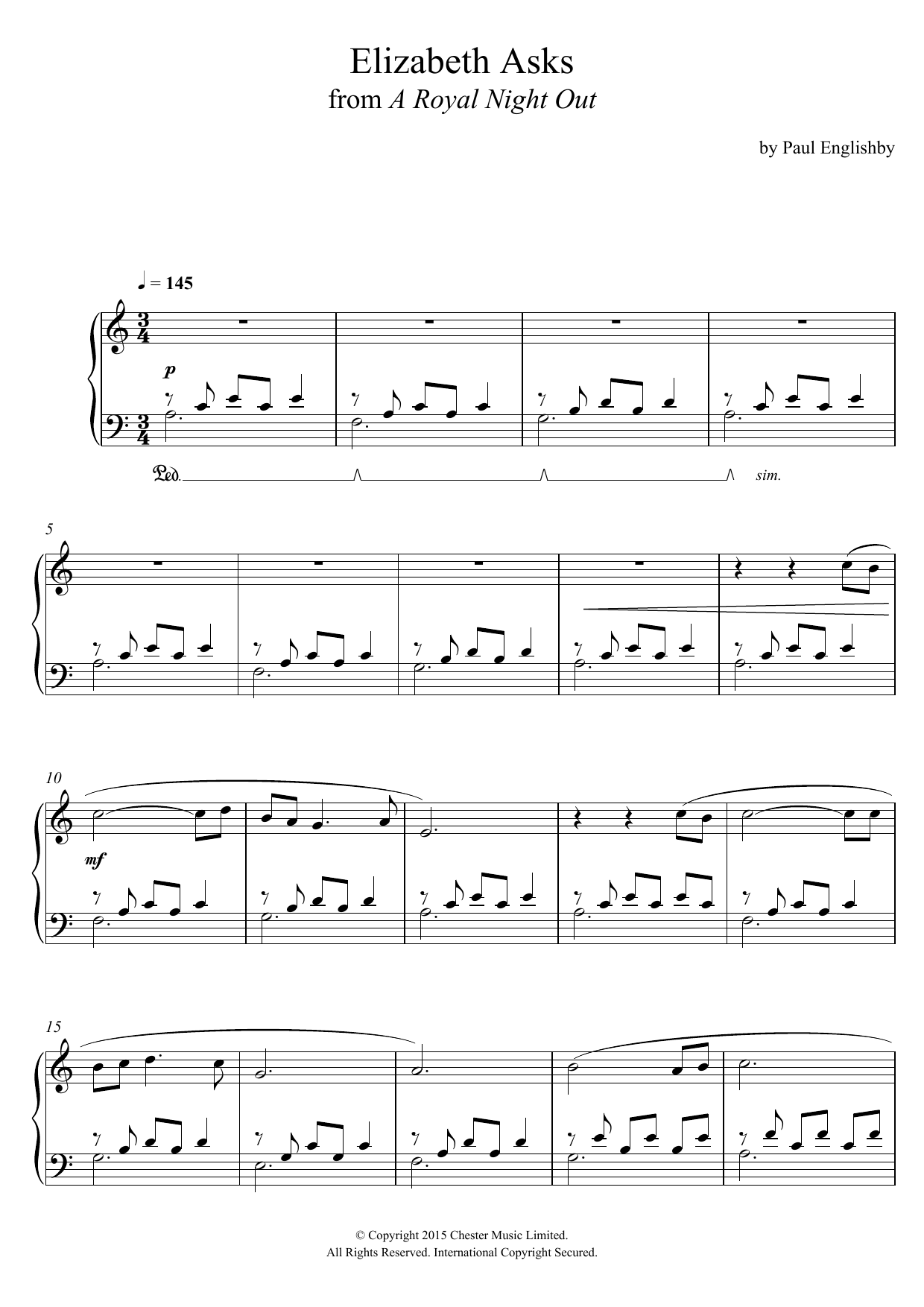 Paul Englishby Elizabeth Asks (From 'A Royal Night Out') Sheet Music Notes & Chords for Piano - Download or Print PDF