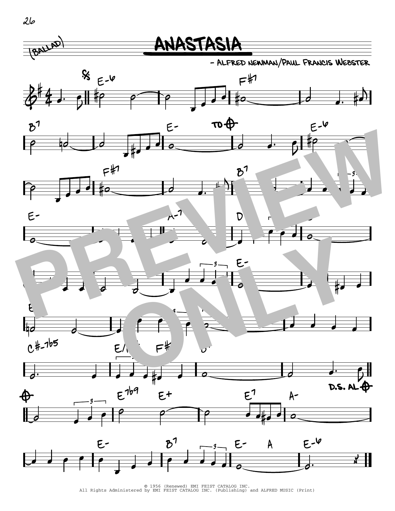 Paul Francis Webster and Alfred Newman Anastasia Sheet Music Notes & Chords for Real Book – Melody & Chords - Download or Print PDF