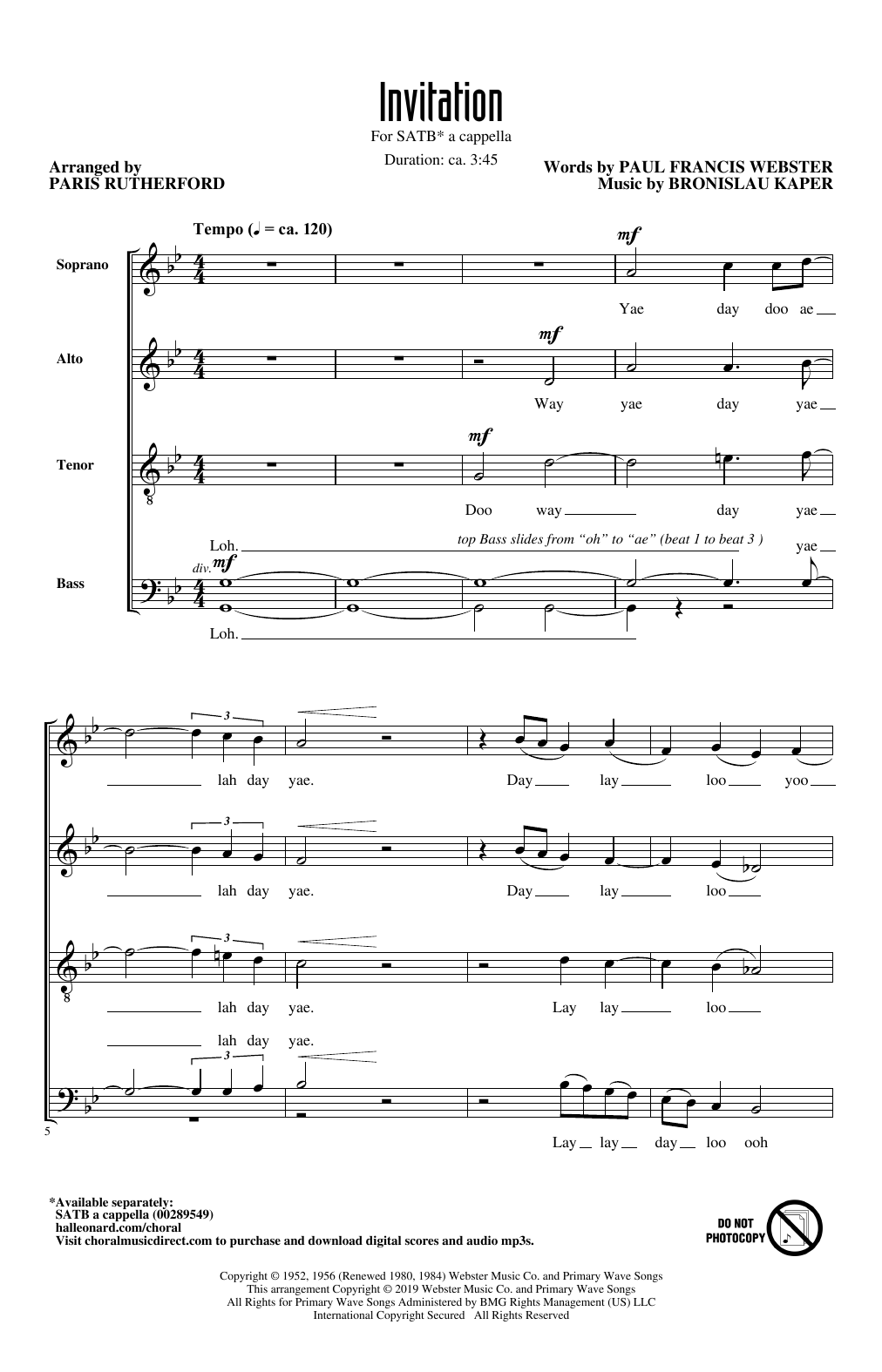 Paul Francis Webster and Bronislau Kaper Invitation (arr. Paris Rutherford) Sheet Music Notes & Chords for SATB Choir - Download or Print PDF