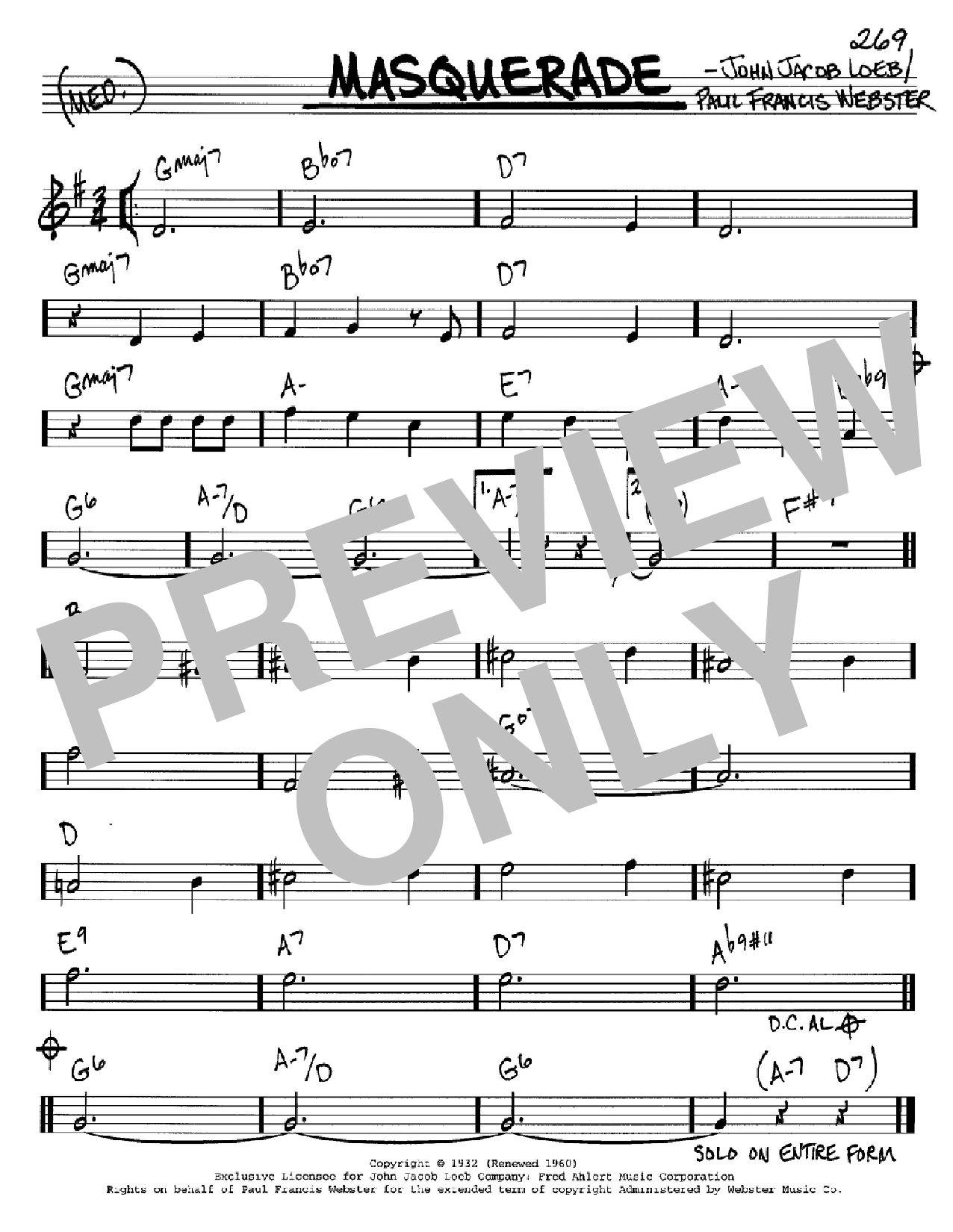 Paul Francis Webster Masquerade Sheet Music Notes & Chords for Real Book - Melody, Lyrics & Chords - C Instruments - Download or Print PDF