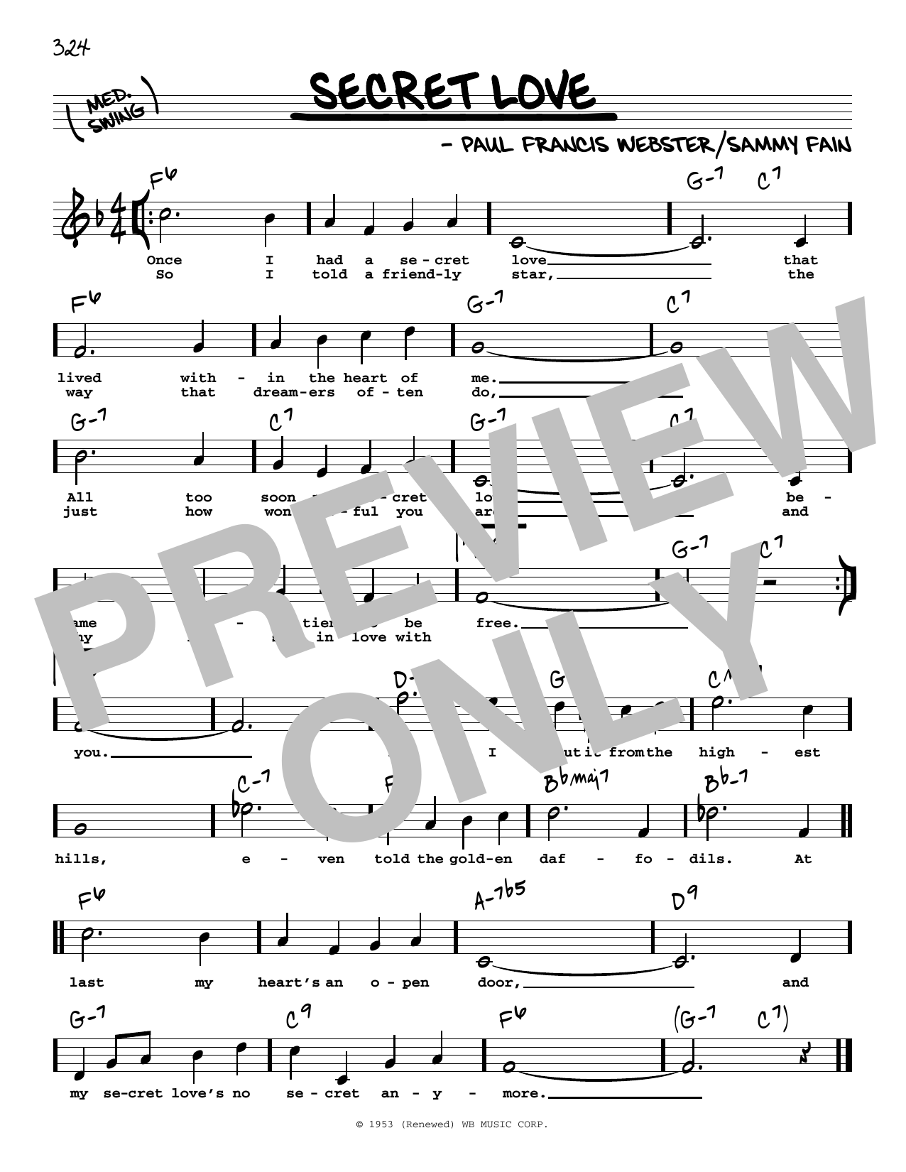Paul Francis Webster Secret Love (High Voice) Sheet Music Notes & Chords for Real Book – Melody, Lyrics & Chords - Download or Print PDF