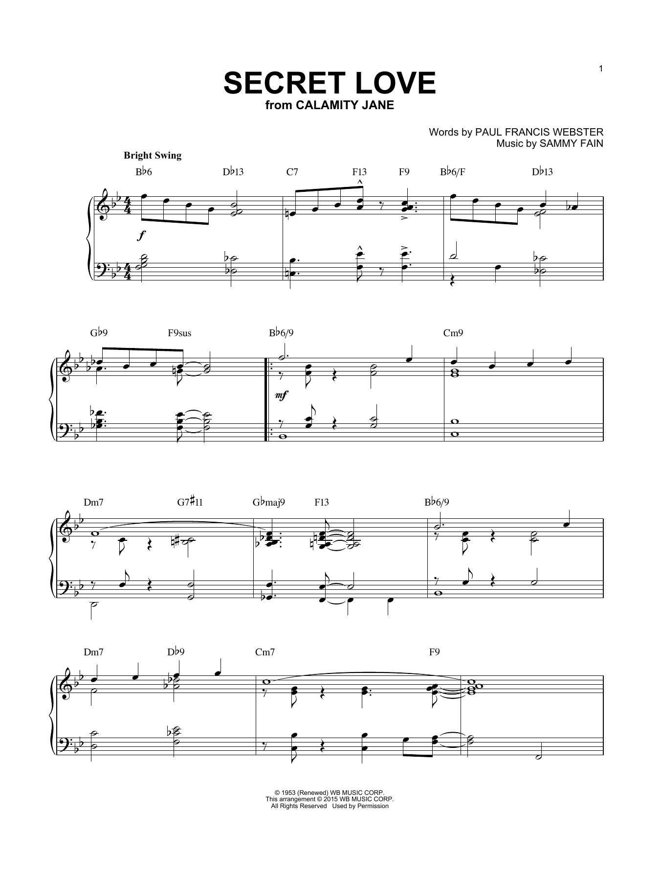 Paul Francis Webster Secret Love [Jazz version] (arr. Brent Edstrom) Sheet Music Notes & Chords for Piano - Download or Print PDF