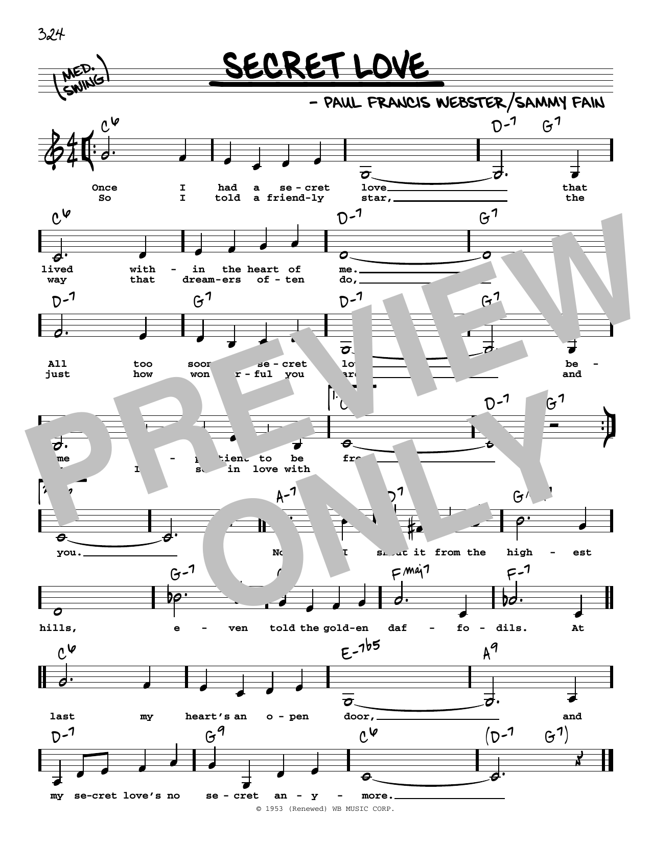 Paul Francis Webster Secret Love (Low Voice) Sheet Music Notes & Chords for Real Book – Melody, Lyrics & Chords - Download or Print PDF