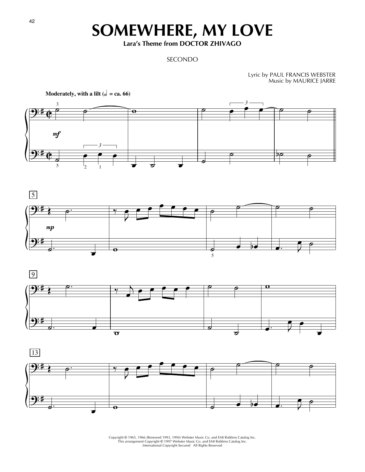 Paul Francis Webster Somewhere, My Love (from Doctor Zhivago) Sheet Music Notes & Chords for Piano Duet - Download or Print PDF