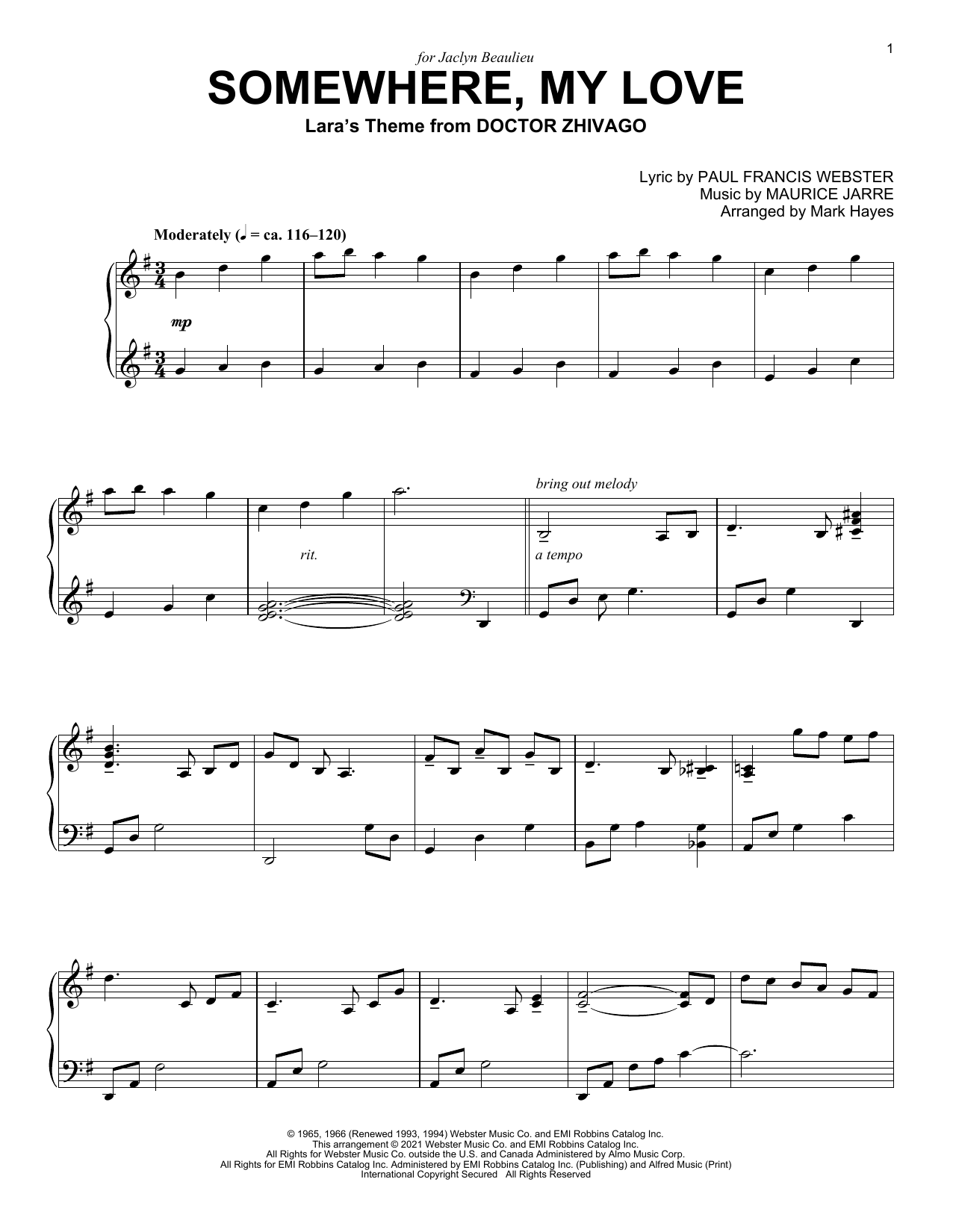 Paul Francis Webster Somewhere, My Love (Lara's Theme from Doctor Zhivago) (arr. Mark Hayes) Sheet Music Notes & Chords for Piano Solo - Download or Print PDF
