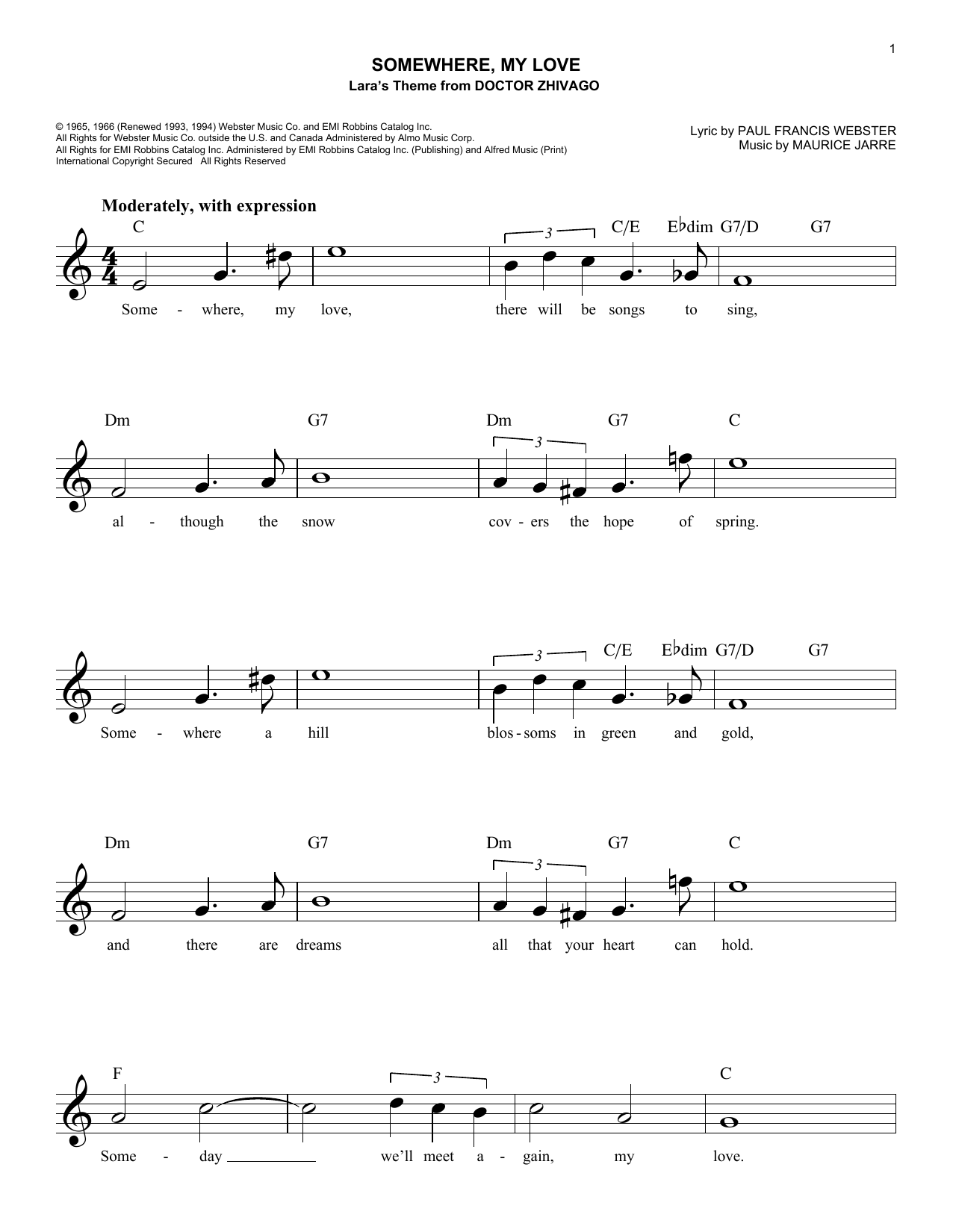 Paul Francis Webster Somewhere, My Love Sheet Music Notes & Chords for Melody Line, Lyrics & Chords - Download or Print PDF