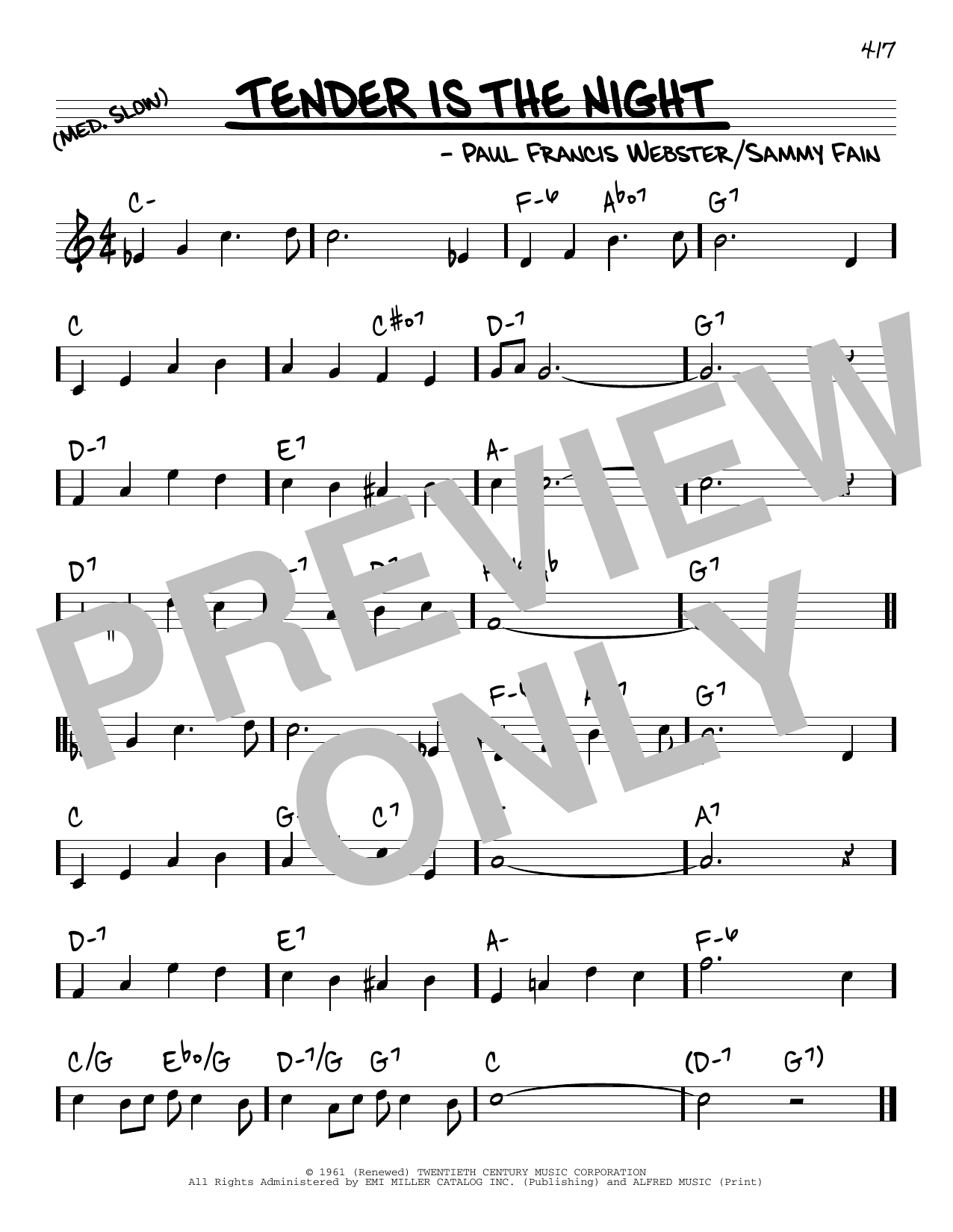 Paul Francis Webster Tender Is The Night Sheet Music Notes & Chords for Real Book – Melody & Chords - Download or Print PDF