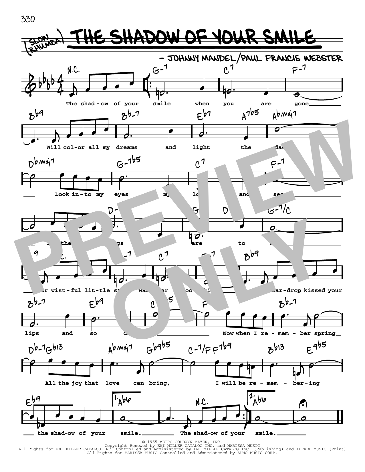 Paul Francis Webster The Shadow Of Your Smile (High Voice) Sheet Music Notes & Chords for Real Book – Melody, Lyrics & Chords - Download or Print PDF