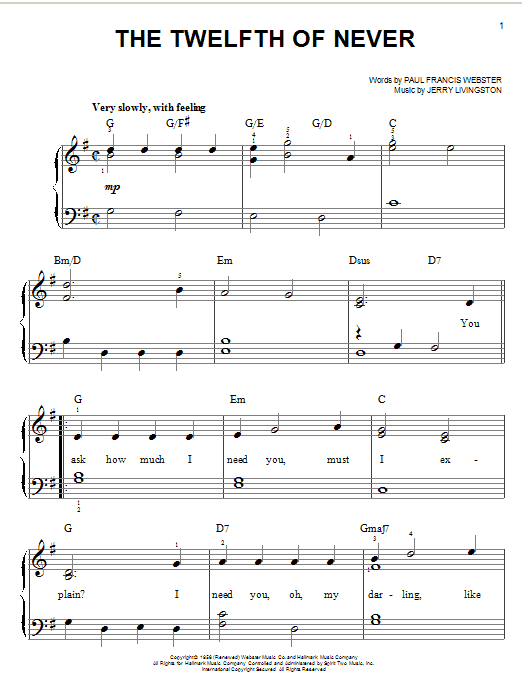 Paul Francis Webster The Twelfth Of Never Sheet Music Notes & Chords for Easy Piano - Download or Print PDF