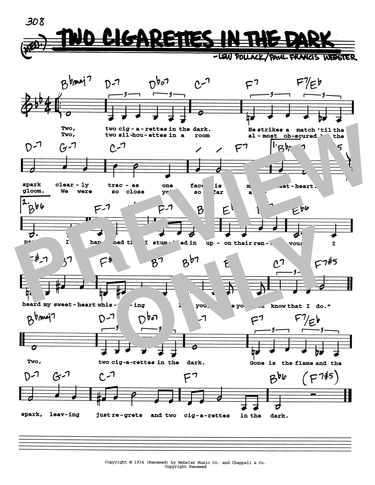 Paul Francis Webster Two Cigarettes In The Dark (Low Voice) Sheet Music Notes & Chords for Real Book – Melody, Lyrics & Chords - Download or Print PDF