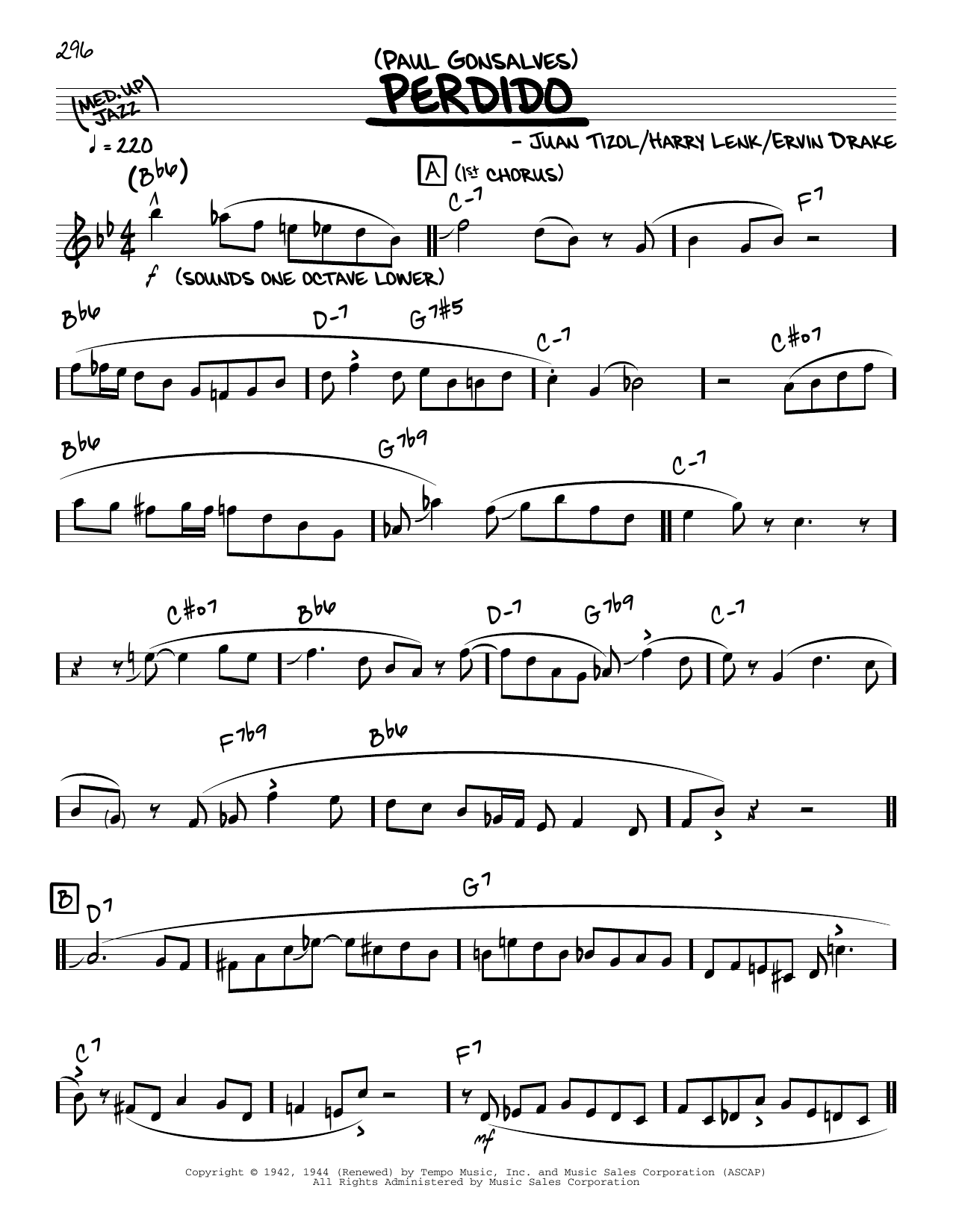 Paul Gonsalves Perdido (solo only) Sheet Music Notes & Chords for Real Book – Melody & Chords - Download or Print PDF