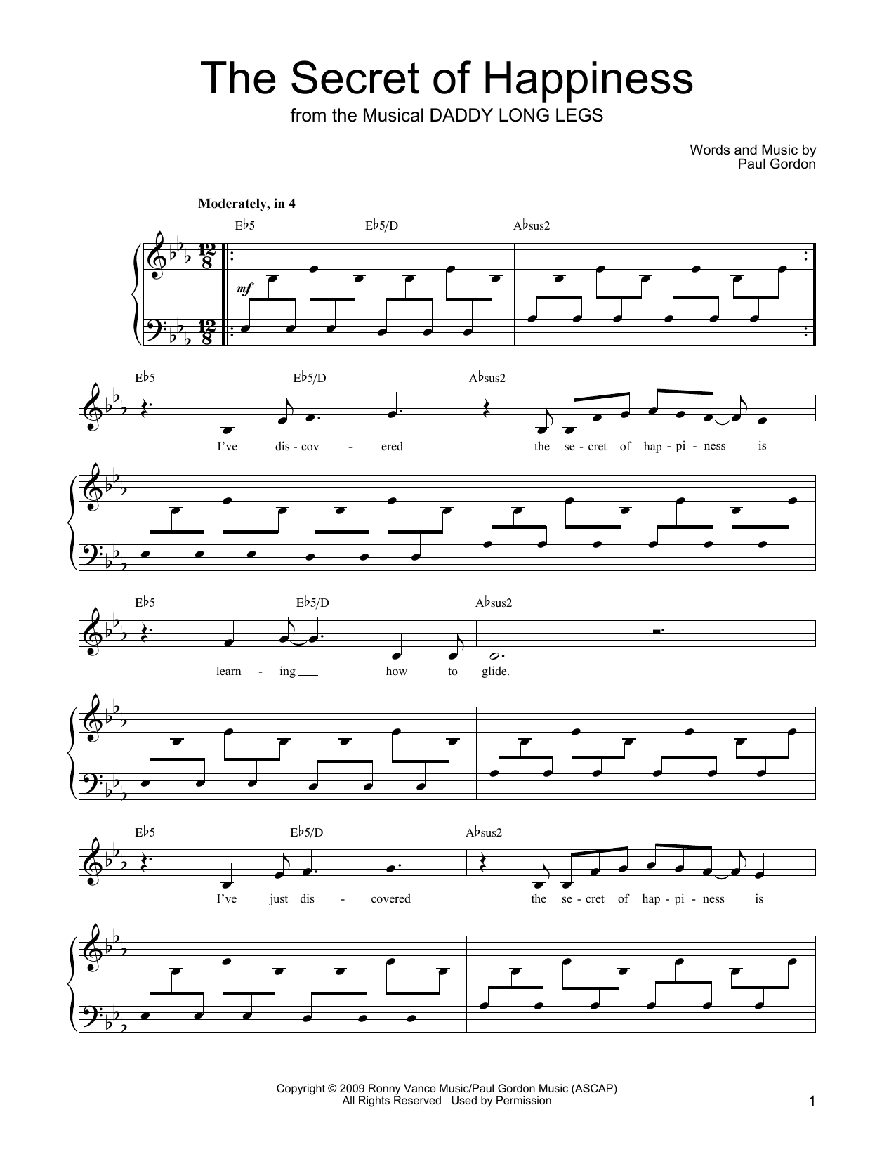 Paul Gordon The Secret Of Happiness (from Daddy Long Legs) Sheet Music Notes & Chords for Piano, Vocal & Guitar Chords (Right-Hand Melody) - Download or Print PDF