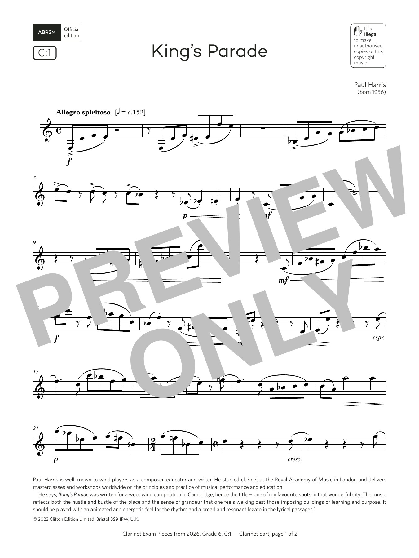 Paul Harris King's Parade (Grade 6, list C1, from the ABRSM Clarinet Syllabus from 2026) Sheet Music Notes & Chords for Clarinet Solo - Download or Print PDF Paul Harris King's Parade (Grade 6, list C1, from the ABRSM Clarinet Syllabus from 2026) Sheet Music Notes & Chords for Clarinet Solo - Download or Print PDF