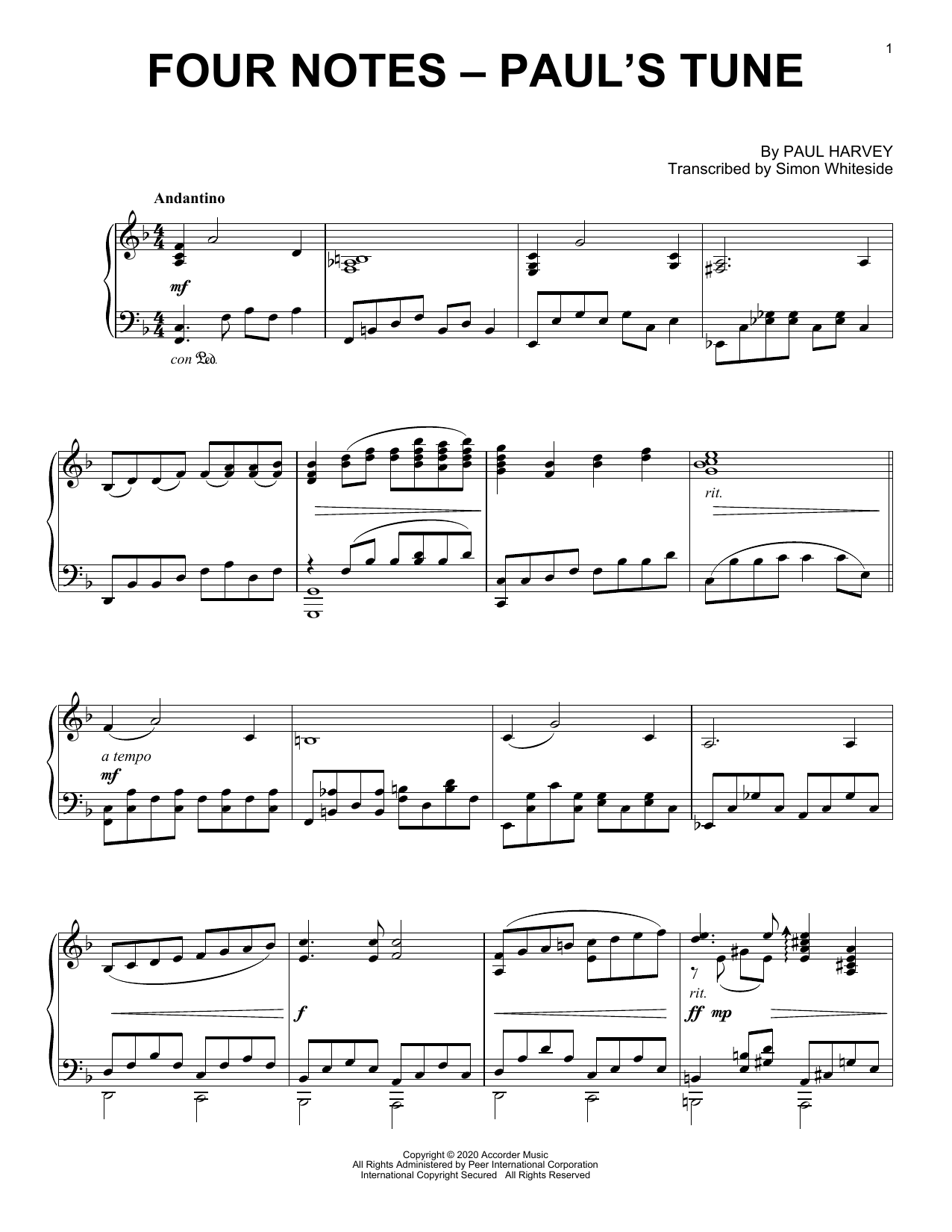 Paul Harvey Four Notes - Paul's Tune Sheet Music Notes & Chords for Piano Solo - Download or Print PDF