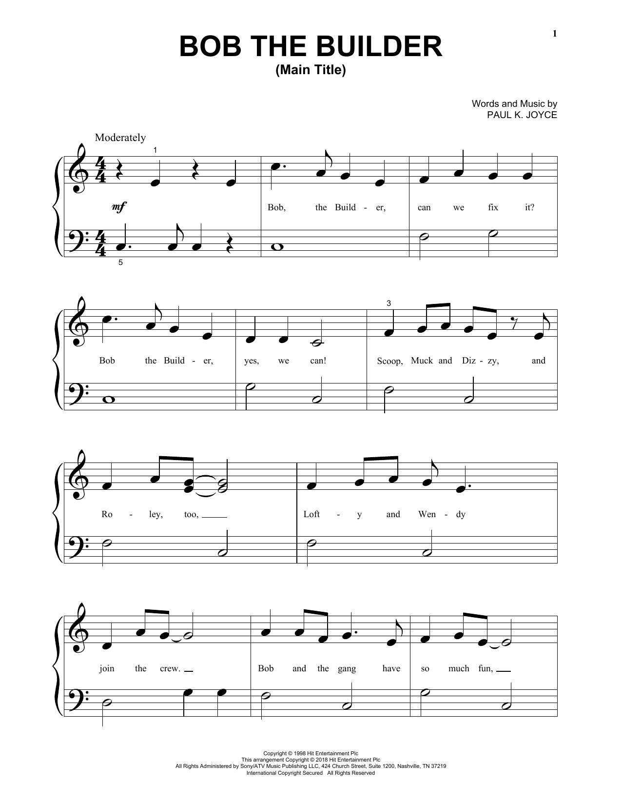 Paul K. Joyce Bob The Builder (Main Title) Sheet Music Notes & Chords for 5-Finger Piano - Download or Print PDF