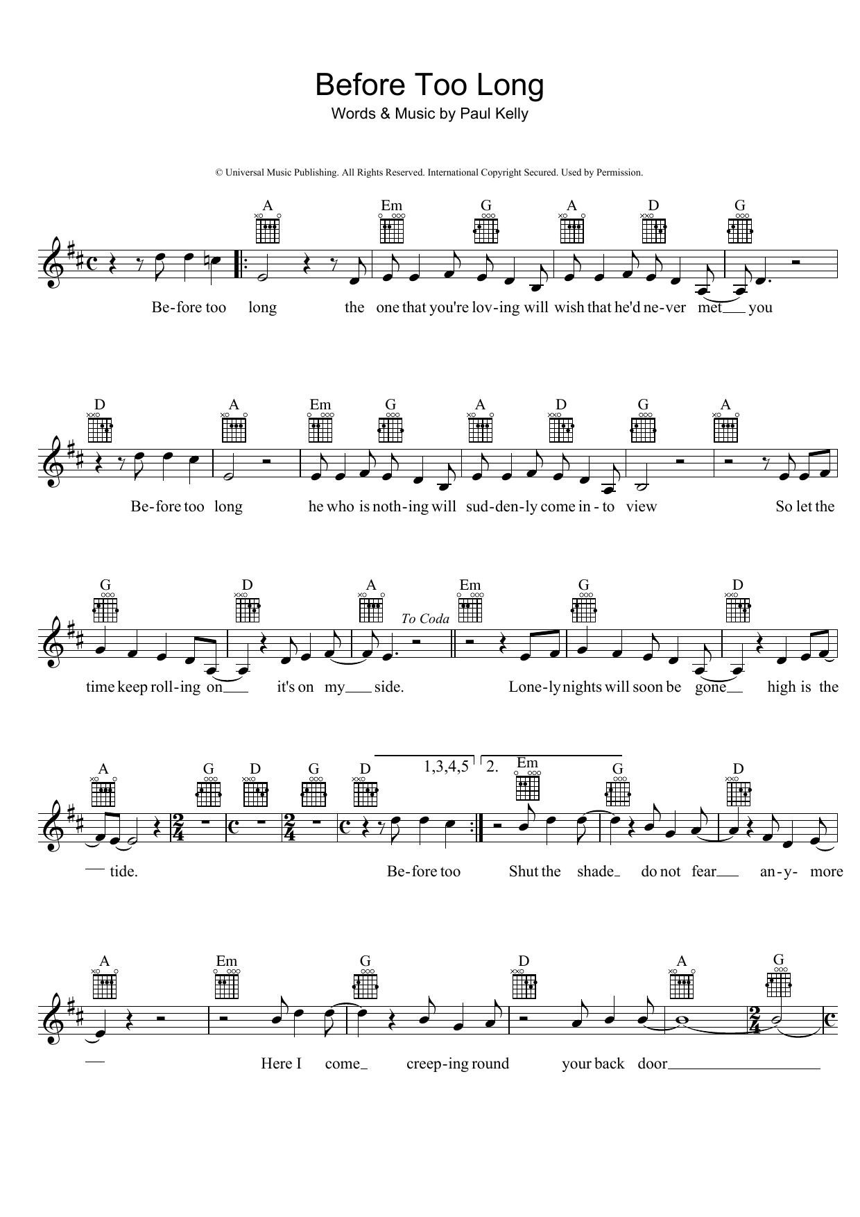 Paul Kelly Before Too Long Sheet Music Notes & Chords for Melody Line, Lyrics & Chords - Download or Print PDF