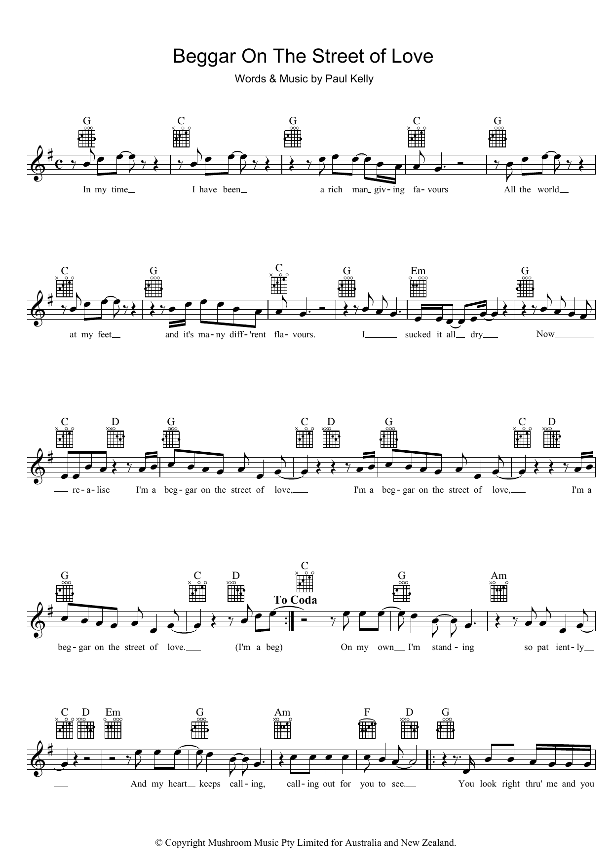 Paul Kelly Beggar On The Street Of Love Sheet Music Notes & Chords for Melody Line, Lyrics & Chords - Download or Print PDF