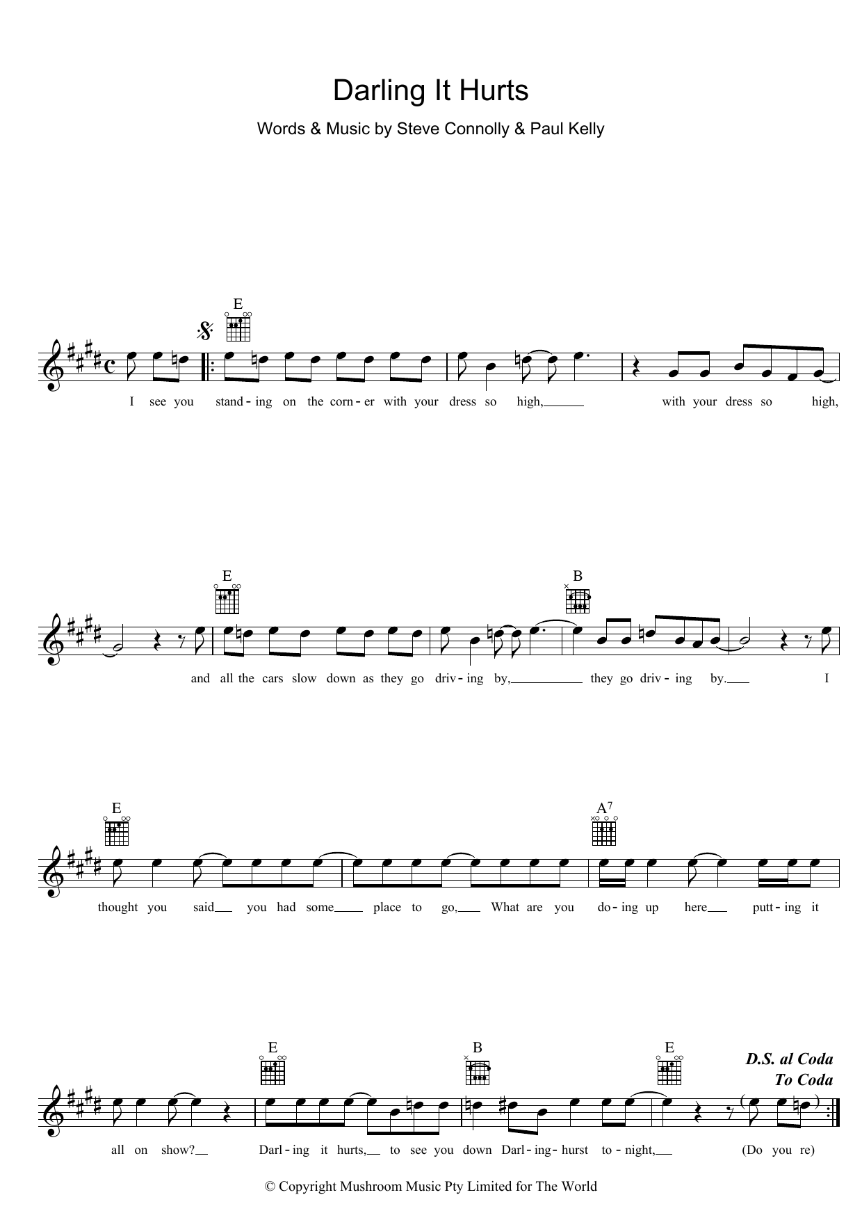 Paul Kelly Darling It Hurts Sheet Music Notes & Chords for Melody Line, Lyrics & Chords - Download or Print PDF