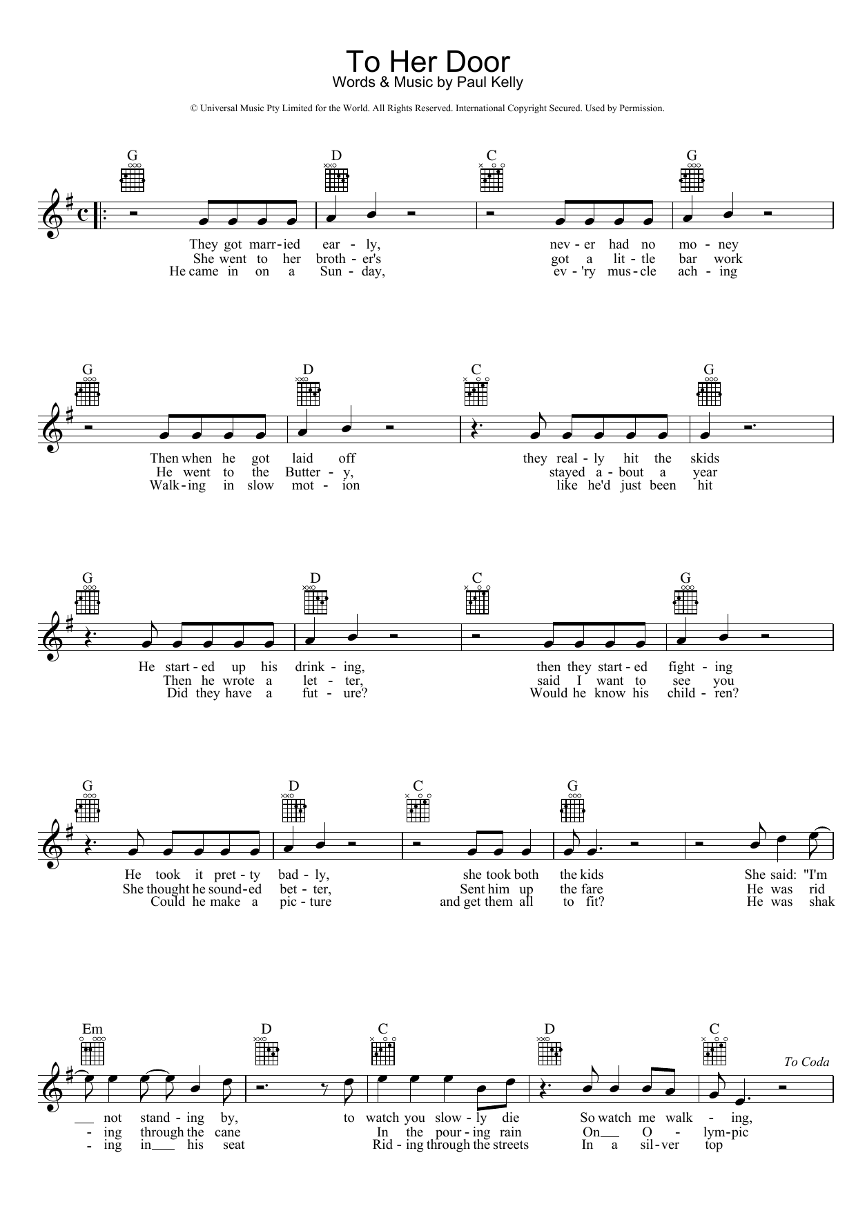 Paul Kelly To Her Door Sheet Music Notes & Chords for Melody Line, Lyrics & Chords - Download or Print PDF