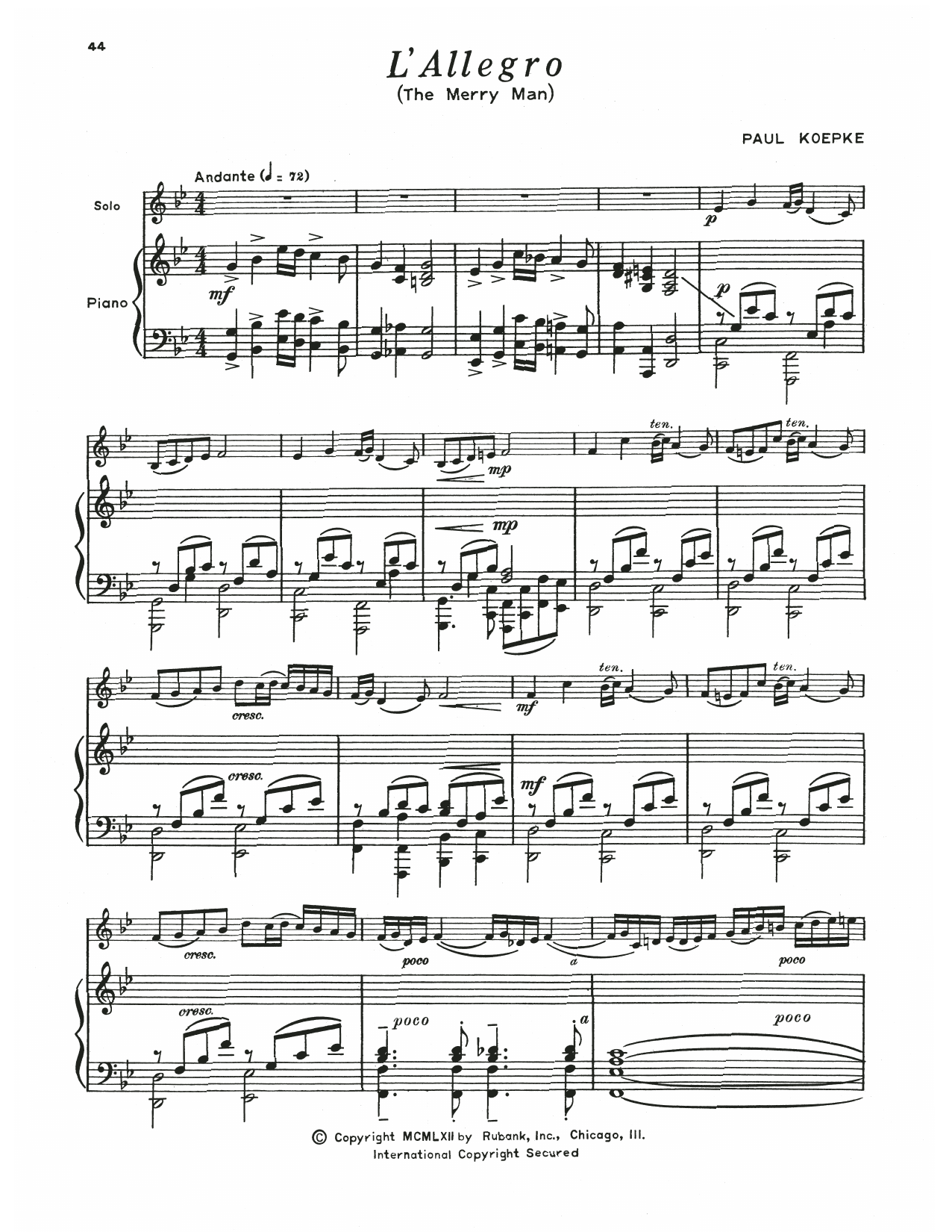 Paul Koepke L'allegro Sheet Music Notes & Chords for Trumpet and Piano - Download or Print PDF