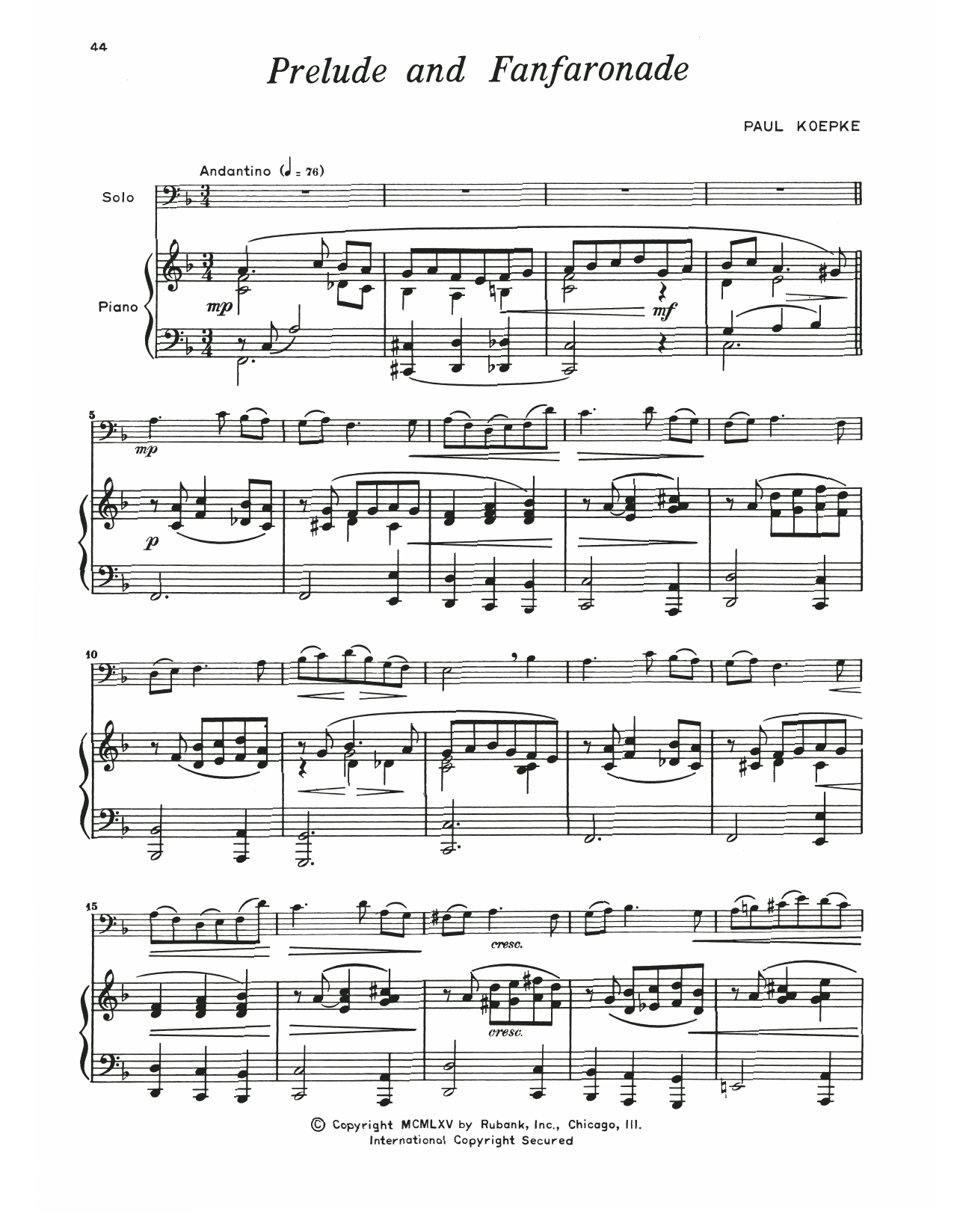 Paul Koepke Prelude & Fanfaronade Sheet Music Notes & Chords for Trombone and Piano - Download or Print PDF
