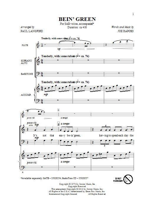 Paul Langford Bein' Green Sheet Music Notes & Chords for SAB - Download or Print PDF