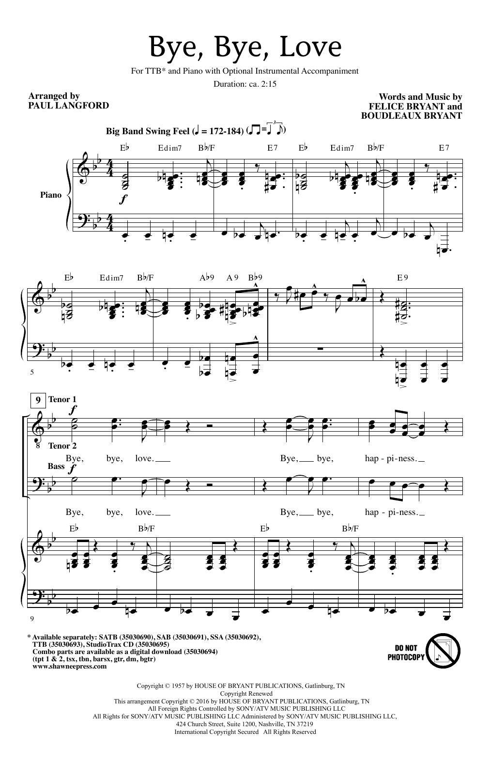 The Everly Brothers Bye Bye Love (arr. Paul Langford) Sheet Music Notes & Chords for SAB - Download or Print PDF