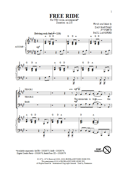 Dan Hartman Free Ride (arr. Paul Langford) Sheet Music Notes & Chords for TTBB - Download or Print PDF