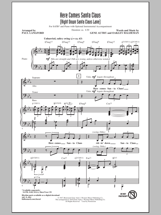 Paul Langford Here Comes Santa Claus (Right Down Santa Claus Lane) Sheet Music Notes & Chords for SATB - Download or Print PDF