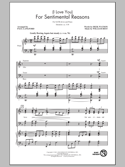 Paul Langford (I Love You) For Sentimental Reasons Sheet Music Notes & Chords for SATB - Download or Print PDF