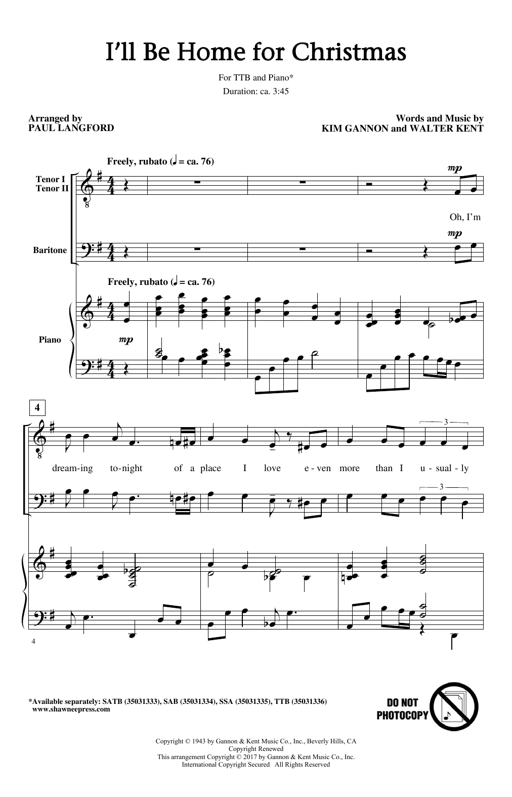 Paul Langford I'll Be Home For Christmas Sheet Music Notes & Chords for TTBB - Download or Print PDF